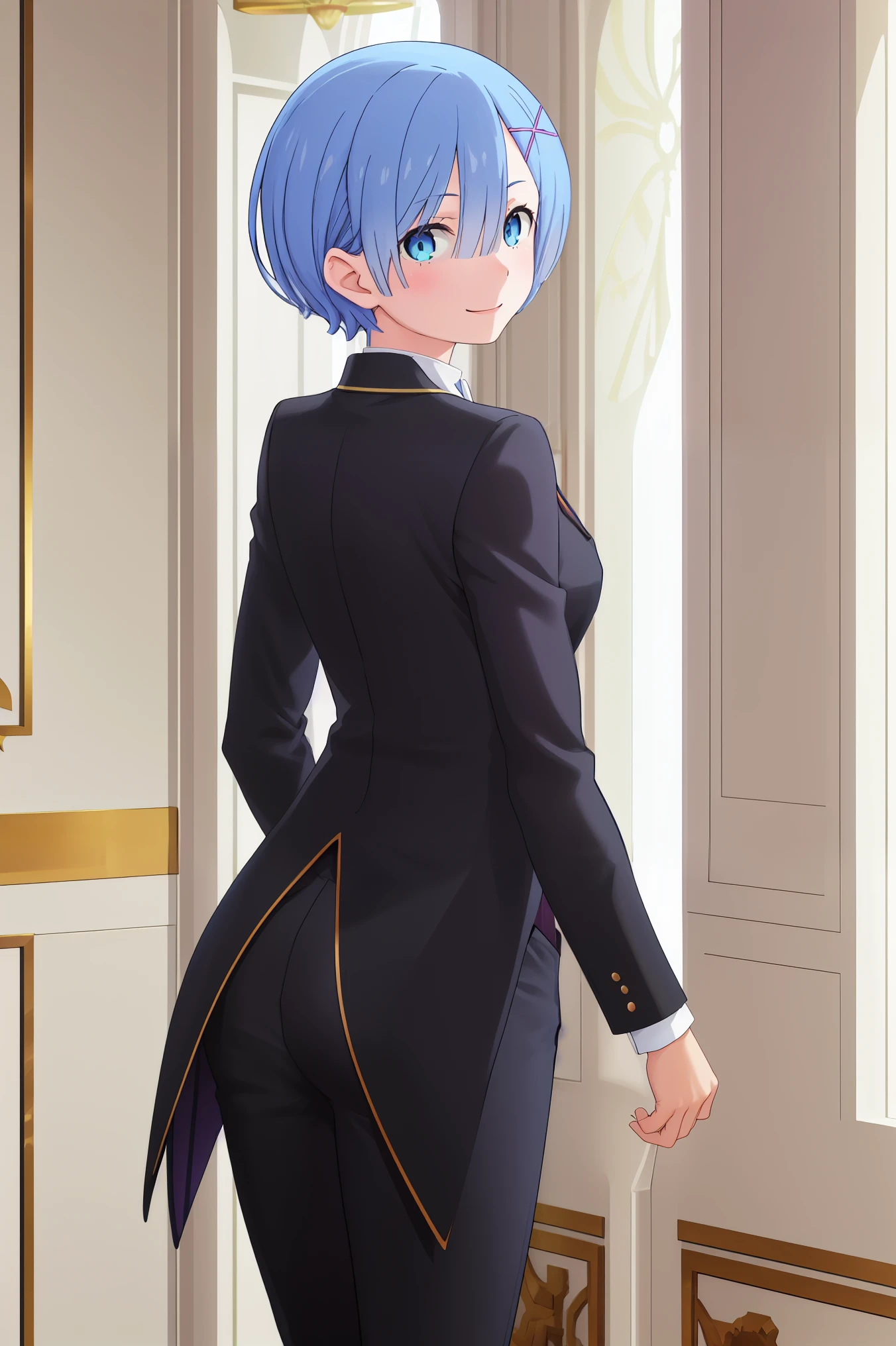 best quality, masterpiece, phRem, 1girl, solo, woman in formal attractive suit tuxedo standing in a large alcove in the room, 1girl, solo, necktie, blue short hair, blue eyes, short hair, smile, jacket, looking at viewer, shirt, pants, blue necktie, collared shirt, butler tailored tailcoat , from behind