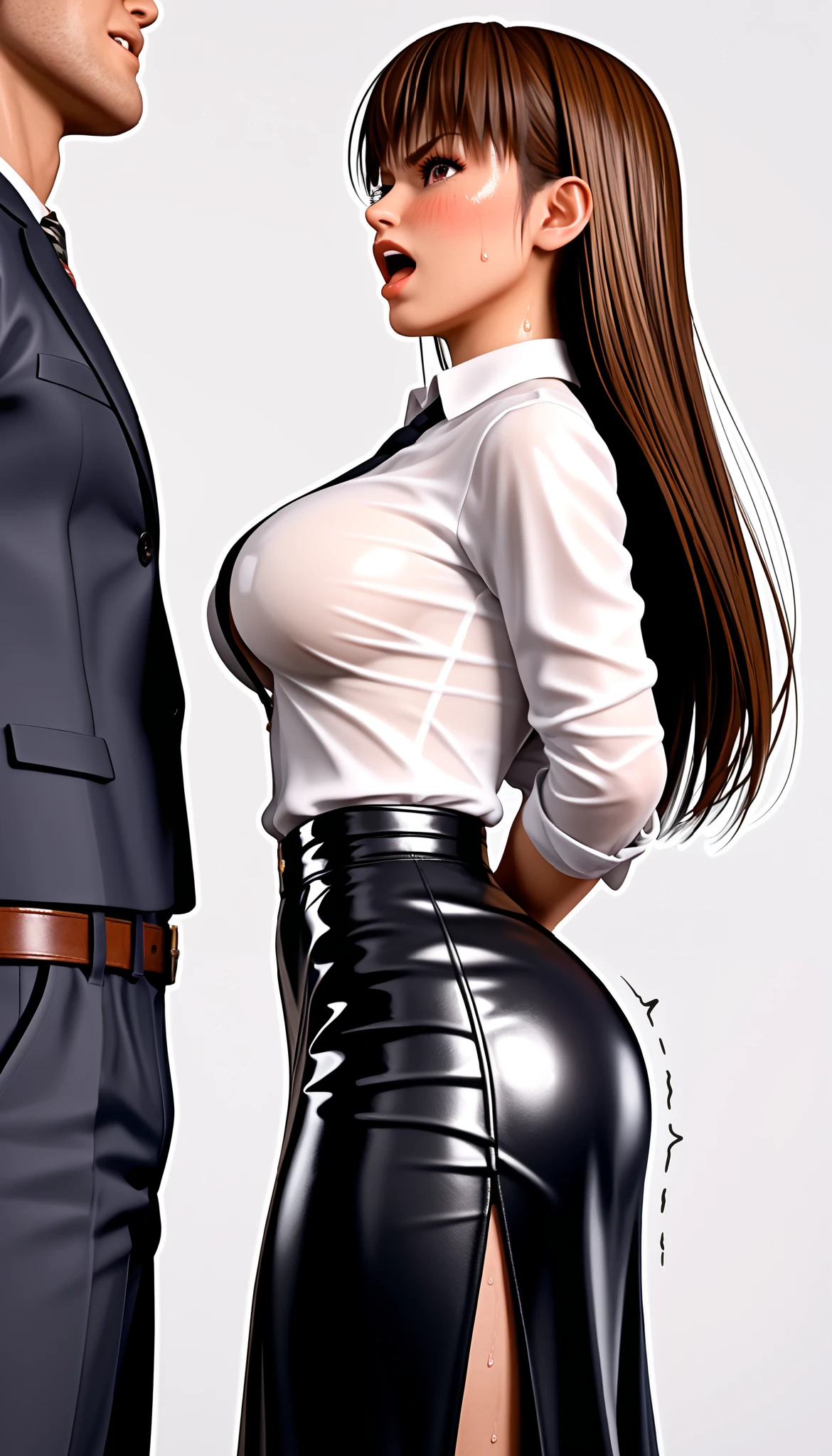 DOALeiFang, LeiFangDOA, gasp, {{{1 girl and 1 male}}}, {{{{{ Man standing between girl’s legs }}}}}, {{{{ Man holding girl's thighs }}}}, shiny black leather tight long skirt with side slit, shiny white business shirt, arm-behind-back, {{ and bend your body backwards }}, OL, be breathless, sweat, sparkling sweat, trembling, long brown straight hair, brown eyes, breasts, [[angry]], blush, {anguish}, {{shameful}}, from side, from below,