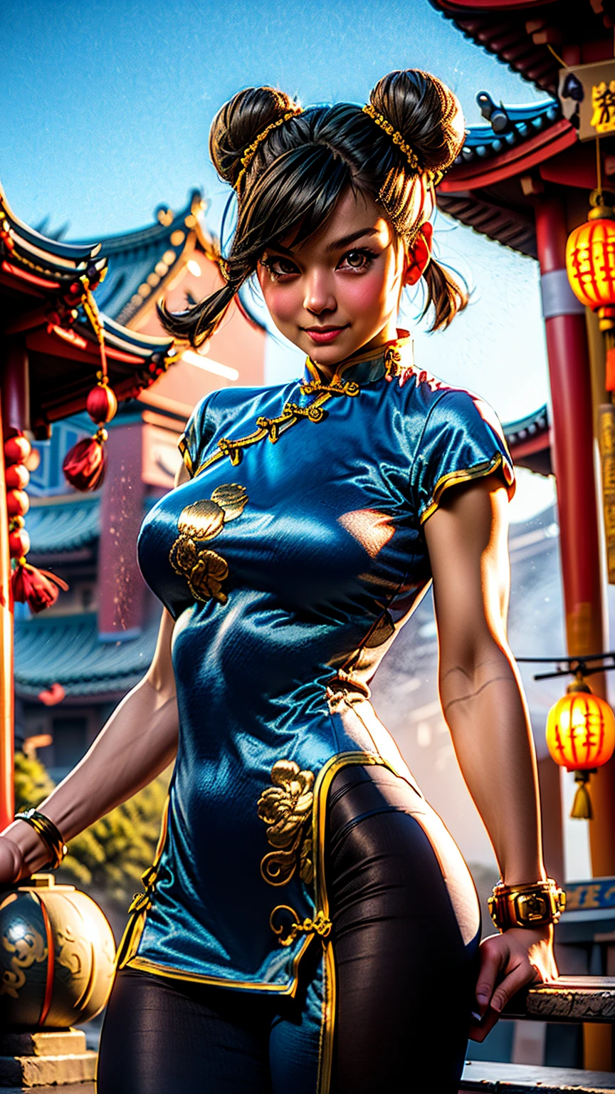 (1 Girl), (Solitary:1.4), Chun-Li, SF2A, 40 years, Mature woman, , (Blue and gold embroidered cheongsam, Cleavage, Tights chestnut, stupid), (Brown eyes, short hair, Brown hair, Double bun), OPPEIN PROPORTION, Japanese Goddess, Very detailed, plump, Cleavage, Nipple contour, Glowing skin, Perfect body, Perfect face shape, Hyper-realistic animation, Pose for photos, a fitness girl, A charming smile，Lively expressions，The face is rich in detail，Eyes Details，eyelash，pupil。Full body portrait，sexy XXXS size Bikini, sexy plump body, huge breasts, Huge ass, Thigh close-up，，Delicate picture，soft，High Definition，masterpiece, high quality, Best quality, 4K, (Movie Light), (Fine details), ((Dark background)), (((1girl))), (Perfect eyes, Detailed eyes), ((Detailed beautiful face)), Kung Fu Movies, Raise your leg and kick sideways, Cowboy lens, ((Chinatown))), ((Lion dance))), (light))), (Chinese archway), ((daytime)), ((Lively environment))Excellent work 8k.