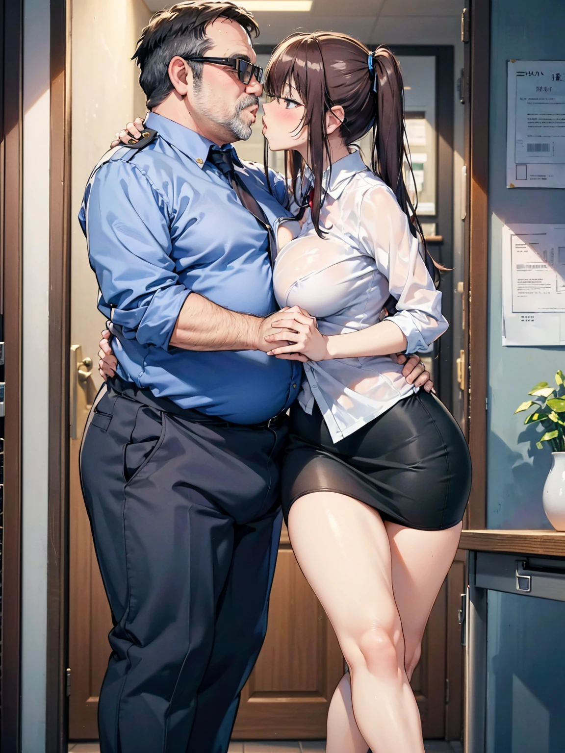 ( One Girl ,  fat middle-aged men who commit crimes until morning:1.2),   white shirt, Pencil Skirt, , ({{kissu), (),  office,  very detailed bust,  high definition , 4K, masterpiece,  high definition 、( my clothes are see-through :1.2)、 Twin Tails ,Big Breasts, Knee High Socks