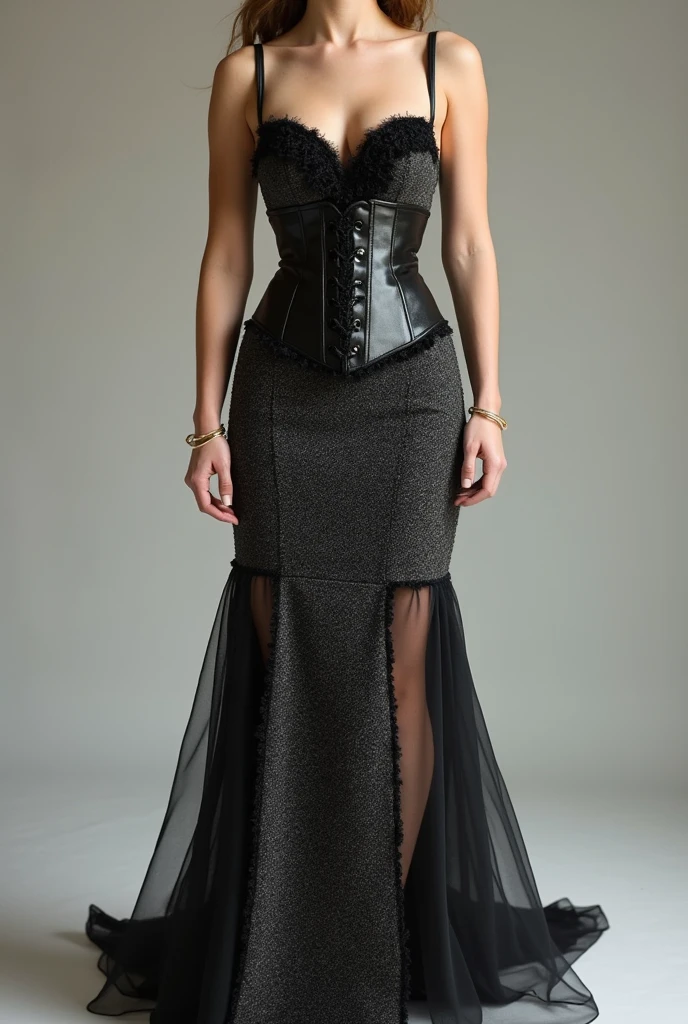 Gorgeous european steampunk woman with very short straight hair, short hair, wet hair, hair slicked back, combed straight back, slick hair, black and blonde gradient mixed hair, wearing a long wet silk dress, solid dark black background