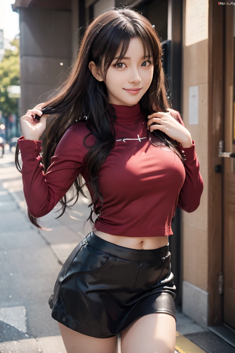 cute,  Sexy Face,(8k、  RAW photos 、 Please exchange 、masterpiece:1.2)、( realistic 、 realistic :1.37)、woman、  professional lighting、    lots of eyelashes on your hands 、  Puffy Breasts  :1.3,(Thick body:1.2),  thin waist,  healthy thighs,  black hair , (    perfect hand, perfect anatomy),smile,  random sexy poses 、anime「Fate」Works inspired by:1.4,Rin Tohsaka cosplay:1.4,red long sleeve t-shirt:1.4、 black skirt、 black knee socks 