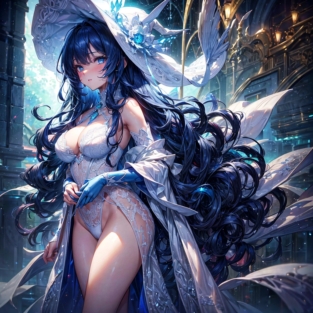 Masterpiece, 8K, beautiful woman, (witch:1.1), (Ranni the witch:1.4), (blue skin:1.1), (looks like a doll:1.2), (doll joints:1.2), (four arms:1.4), (two left hands:1.2), (two right hands:1.2), (blue hair), (crack on skin:1.2), (porcelain skin:1.2), (blue glow:1.1), (stands with a staff in hands:1.1), (in a dark forest), (in white underwear), (pretty accessories:1.1), (ornate style clothes:1.2), (hyper realistic), (highest detailed), (masterpiece), (best quality), (high resolution), (sharp focused), (wallpaper), (intricate detail), (highest quality), (detailed face and eyes:1.2), (perfect anatomy), (round breasts), (bubble butt), (wide hips:1.1), (slim waist:1.1), (thick thighs:1.1), (detailed background), (perfect nails:1.1), (detailed hand and finger:1.2), (medium breasts:1.2), (busty), (deep cleavage:1.2), (labia outline:1.3), (hard teat:1.3).