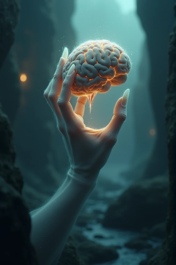Brain floating in the palm of the hand, imagem de alta qualidade, realista, 8K cinematic scenery, fundo luminoso escuro