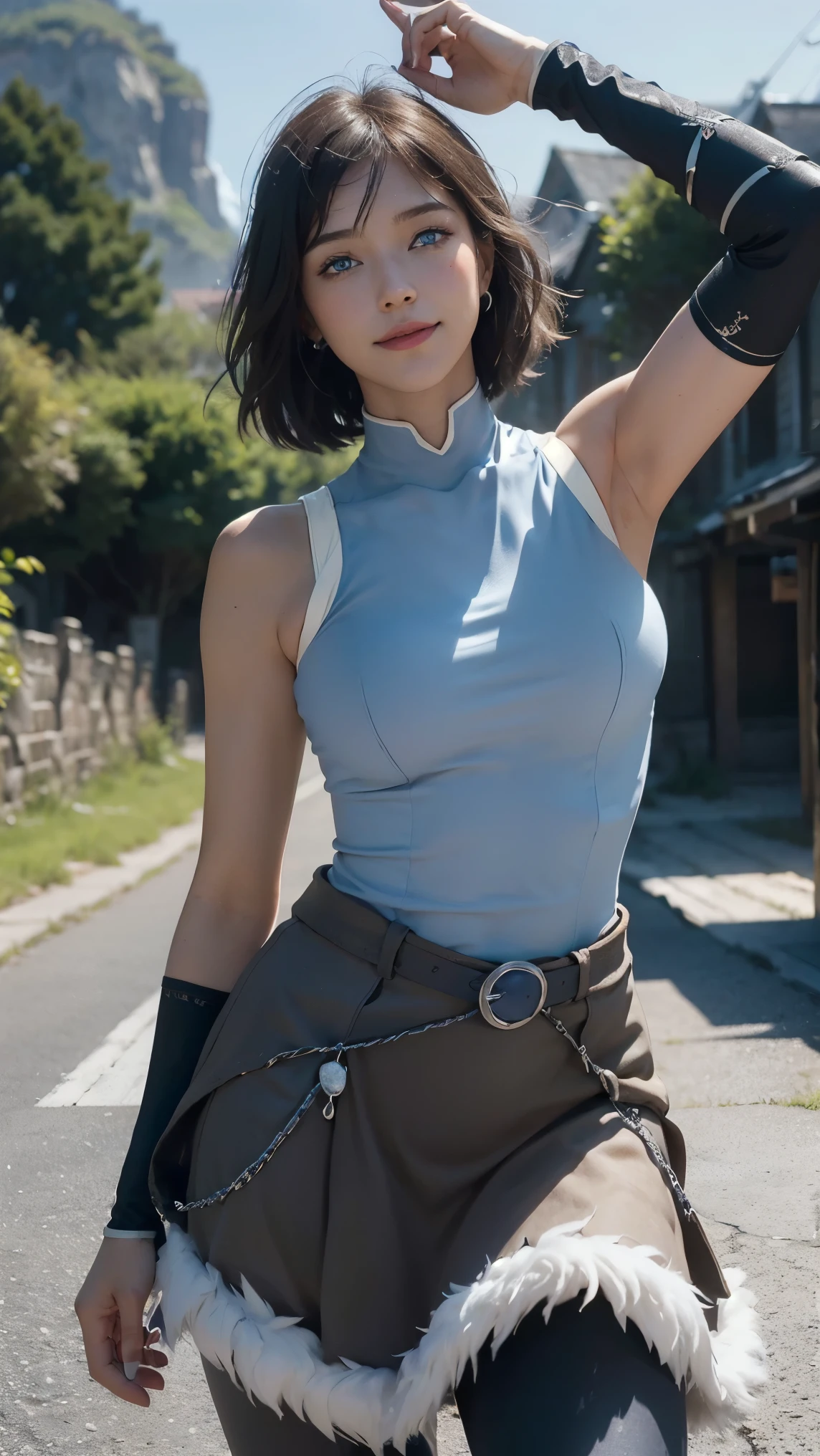 Korra,(best qualityer,4K,8k,high resolution,work of art:1.2)(weather: windy), Mondstadt mountain background, mountain road, sleeveless top, elbow long fingerless gloves, belt, fur dress trail, tight leggings, tribal tattoos, winter boots, small earrings, freckles, cheek mole, short straight hair, short black hair, ultra detailed, realistic, portrait,beautiful detailed sapphire blue eyes, glowing eyes,blush,beautiful detailed lips,extremely detailed eye and face, long eyelashes,sexy,average, large breasts,beaming smile, flirty smile, powerful girl, stretching pose, stunning curves, bright coloured, dramatic lighting,