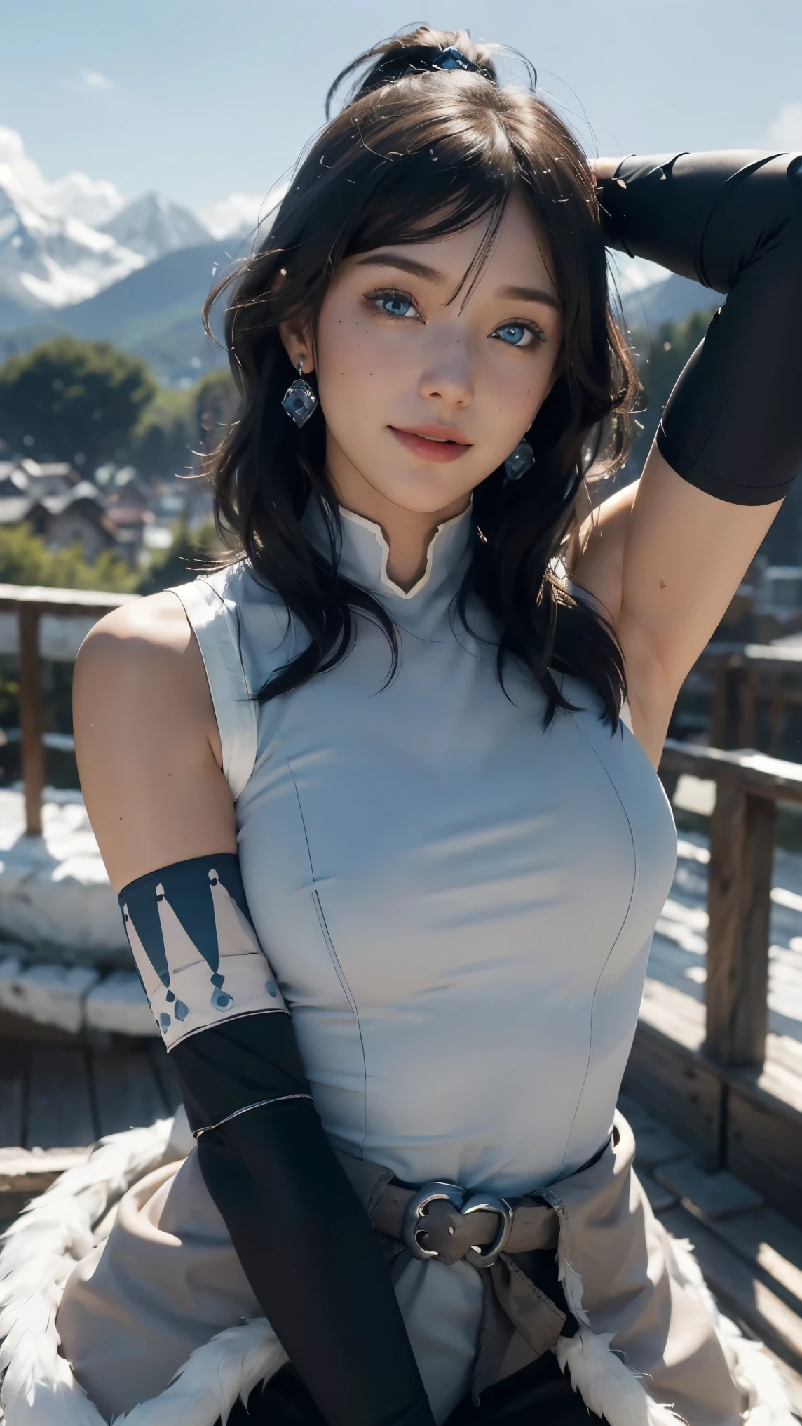 Korra,(best qualityer,4K,8k,high resolution,work of art:1.2)(weather: windy), Mondstadt mountain background, mountain road, sleeveless top, elbow long fingerless gloves, belt, fur dress trail, tight leggings, tribal tattoos, winter boots, small earrings, freckles, cheek mole, short straight hair, short black hair, ultra detailed, realistic, portrait,beautiful detailed sapphire blue eyes, glowing eyes,blush,beautiful detailed lips,extremely detailed eye and face, long eyelashes,sexy,average, large breasts,beaming smile, flirty smile, powerful girl, stretching pose, stunning curves, bright coloured, dramatic lighting,