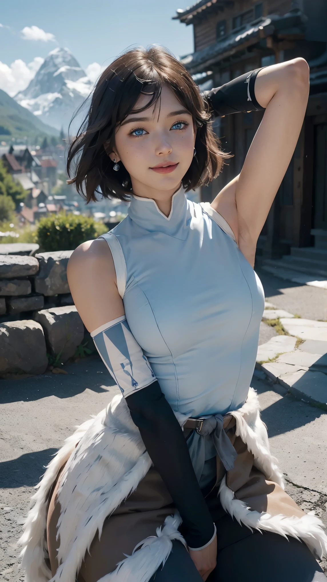 Korra,(best qualityer,4K,8k,high resolution,work of art:1.2)(weather: windy), Mondstadt mountain background, mountain road, sleeveless top, elbow long fingerless gloves, belt, fur dress trail, tight leggings, tribal tattoos, winter boots, small earrings, freckles, cheek mole, short straight hair, short black hair, ultra detailed, realistic, portrait,beautiful detailed sapphire blue eyes, glowing eyes,blush,beautiful detailed lips,extremely detailed eye and face, long eyelashes,sexy,average, large breasts,beaming smile, flirty smile, powerful girl, stretching pose, stunning curves, bright coloured, dramatic lighting,