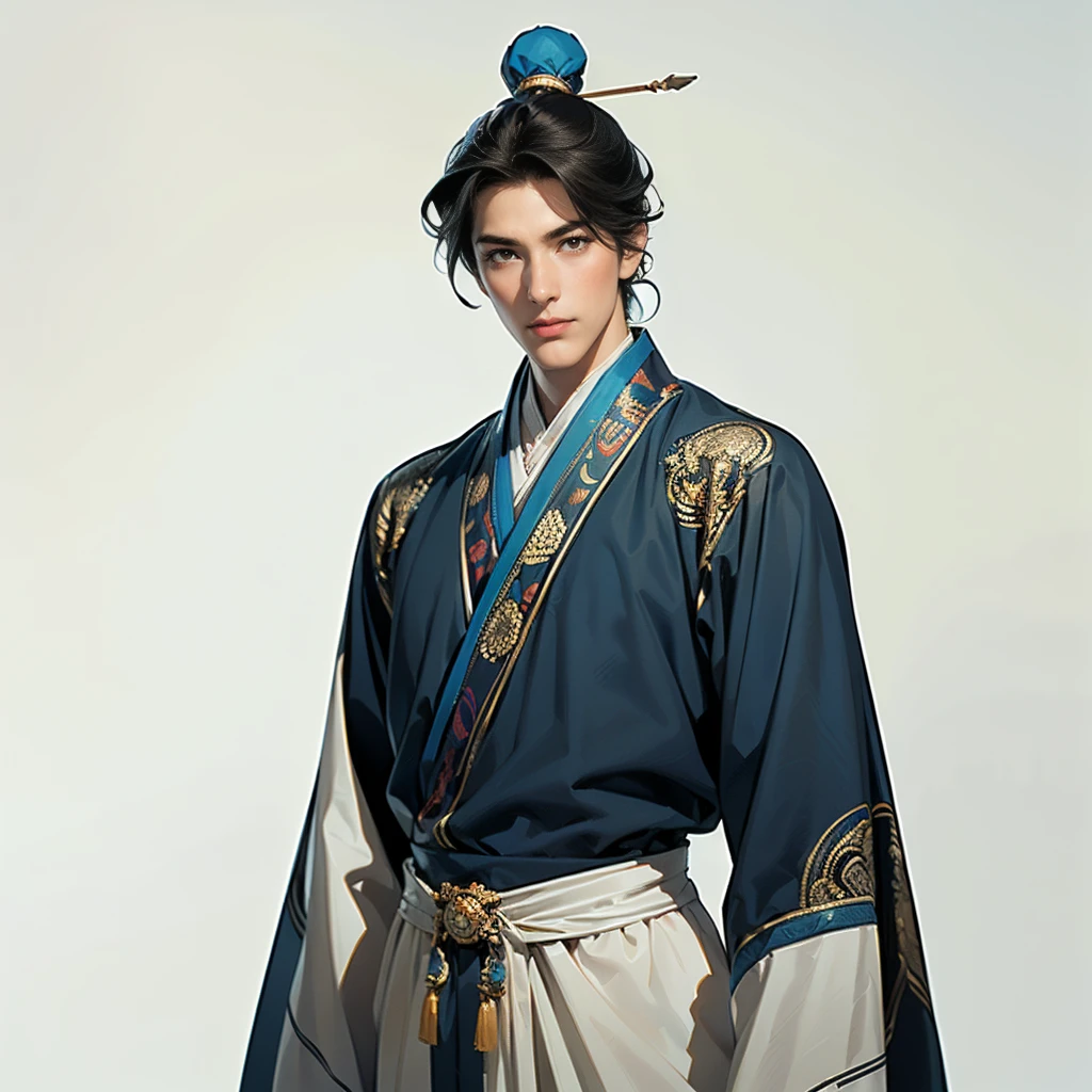 ( top quality,4K,8k, high definition ,masterpiece:1.2),super detailed,(super fine illustration),((( ONE 20 YEAR-OLD MAN DRAWED IN ANIME STYLE ILLUSTRATION ))),A depiction of the Noble Prince of the Three Kingdoms :1.3, neutral face :1.3, confident expression,(( PERFECTLY SET WITH LONG BLACK HAIR AND HANGING BANKS:1.3,VERY SEXY MAN :1.2)), detailed eyes :1.2, perfect eyes,(( Attractive Dark Eyes )),( well-trained body, thin macho),cinematic lighting, spotlight, soft shadows,((I'm losing my clothes and showing my chest to viewers:1.3,An ancient Chinese blue costume with fine embroidery leading up to detailed works of art:1.3,dynamic pause:1.2)),(( Cowboy Shot :1.2)),(( white background:1.3,simple background:1.2)),(( standing:1.3, depicting everything from the tip of the head to above the knee :1.3, arms without defect))