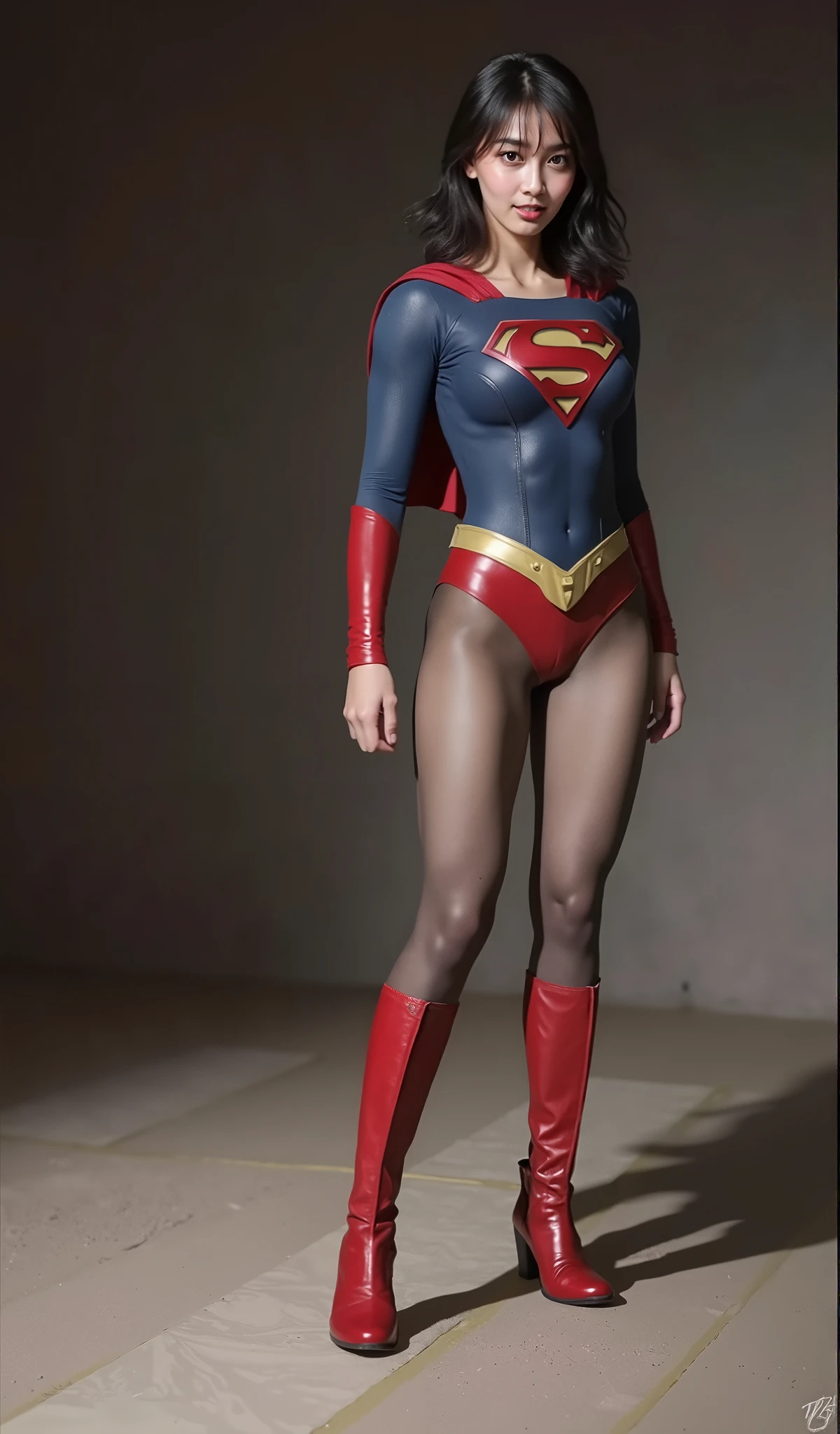 No background、(((Beautiful legs in black tights.)))、(((Legally express the beauty of your smile)))、((((Make the most of your original images)))、(((Supergirl Costume)))、(((Beautiful very short hair)))、(((suffering)))、(((Please wear black tights....、Wear red boots)))、((Best image quality、8k))、((highest quality、8k、masterpiece:1.3))、(((Preserve background )))、Sharp focus:1.2、Beautiful woman with perfect figure:1.4、Slim Abs:1.2、Wet body:1.5、Highly detailed face and skin texture、8k