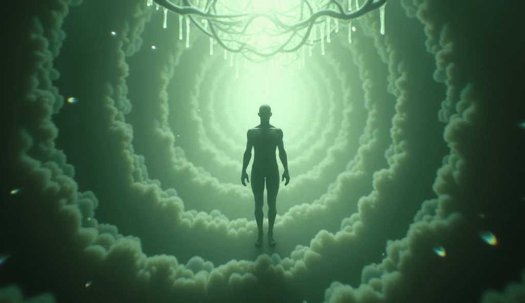 psycho_4rt, a humanoid figure suspended in a cosmic environment. The figure, rendered in vibrant hues of pink and purple, appears to be floating in mid-air, with its head tilted back and eyes closed, suggesting a state of meditation or trance.