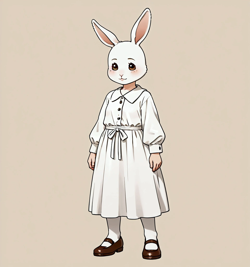 A white dwarf rabbit. She is young female dwarf rabbit with a docile and youthful face a a good, not-too skinny figure with a decent amount of fat. She wearing loose dress and nice shoes.