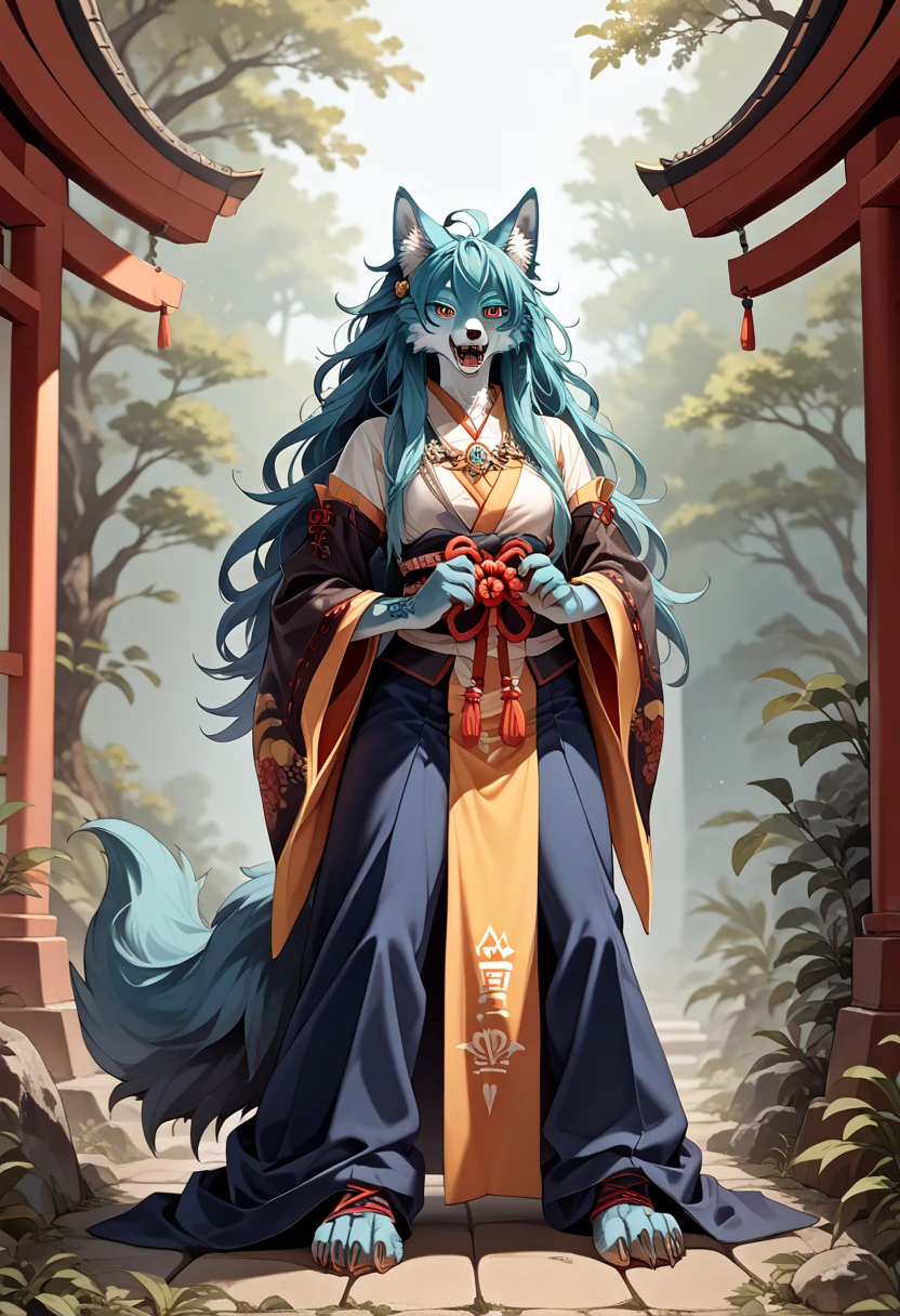 Miku Hatsune x vixen high definition good anatomy add_detail:1, blue fur,kitsune ears, tribal tattoo add_detail:1, cute girl add_detail:1, feudal priestess clothing add_detail:1, japanese shrine landscape add_detail:1, japanese shrine costume add_detail:1, add_detail:1, fullbody descalza add_detail, highly detailed face, deep aqua iris add_detail:1 lighting eyes add_detail:3, wolf claws, sharp fangs add_detail:1, wild slut add_detail:1, aura of resplendent light add_detail:3, sakuras landscape add_detail:1
