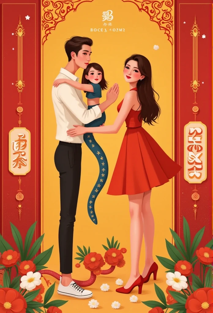 A cute snake and Lisamy, beautiful woman bends into the numbers "BEP 4.0 2025," Lisamy,
creating a Vietnamese New Year atmosphere. This illustration adopts a flat and colorful style with geometric patterns. the lines and shapesare eye-catching,the color matching is full of vitality,the cartoon image incorporates traditional artistic elements,and the expression is liveIy,red,