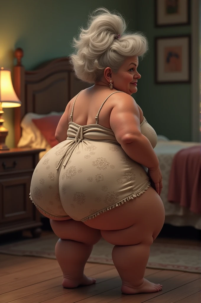 ((translucent white skin)), ((old ugly woman, men holding their buttocks)), 80 years old, very big nose. (((facial wrinkles))), 8k, realistic. Curvy body, chunky body, BBW, (brown hair), wearing tiny denim shorts, glasses, seductive smile, random sexy pose, perfect hand, detailed finger,