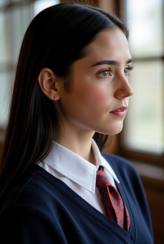 side view, a very lovely girl with long black hair, at age 15, she wears a dark blue tidy school uniform and white shirt with a vivid vow tie.,  no make up, the whiteness of her skin is accentuated., It highlights Jennifer Connelly's unique beautiful facial features., She in a bright room., bright natural light is illuminating on her face., high definition ,  Ultra Fine,  Textured Skin , masterpiece, 