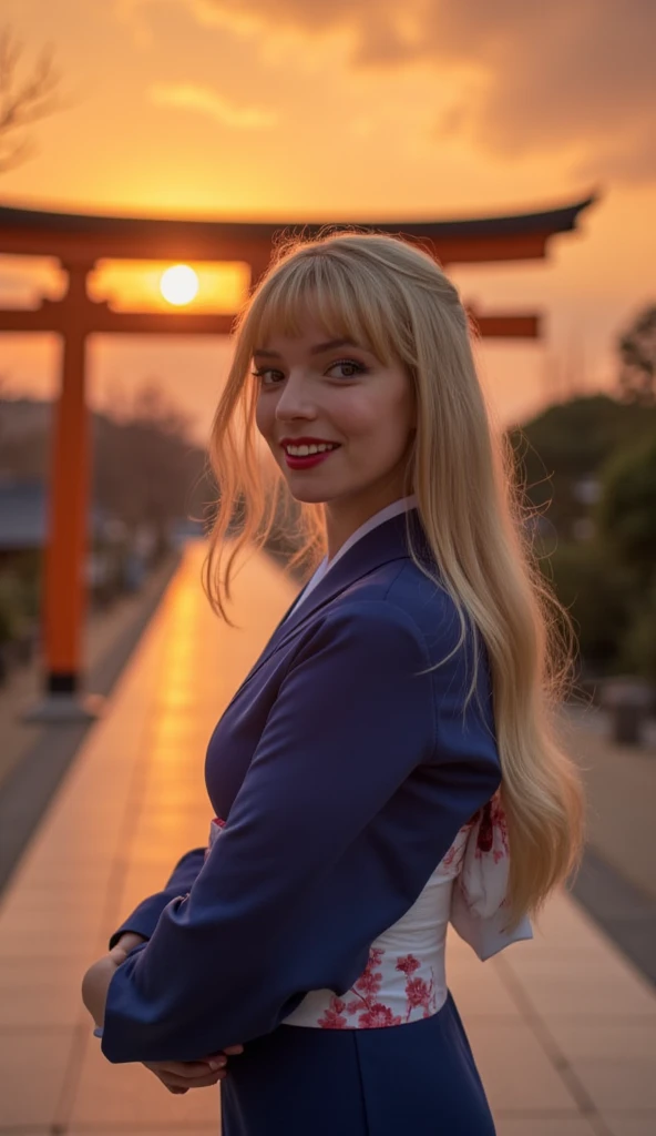 Side view, Name is Any Taylor-Joy ,  1 woman, beautiful young American woman,  30-age, (blond  hair, middle hair , fringe, beautiful dark blue eye, smile), (C cup breasts, wide hip), ( Japanese traditional Dark blue Kimono, kimono's below  flower pattern , White obi with flower pattern )front Shinto shrine, The Road of Light , sunset, (super detail, high details, high quality, accurate, anatomically correct, textured skin, beautiful fingers super detail, high details, high quality, best quality)