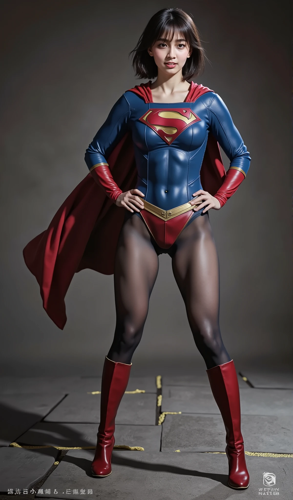 background 、((( Depicting beautiful legs in black tights .)))、((( Legally express the beauty of your smile )))、(((( make the most of your own original image )))、((( Rolling backwards in a supergirl costume )))、(((ボディにフィットした Rolling backwards in a supergirl costume )))、(((Short beautiful hair)))、(((A smile and a wink )))、(((Please wear black tights....、Wear red boots)))、(( top quality、8k))、(( top quality、8k、 Masterpiece :1.3))、(((Save the background )))、 Strong concentration:1.2、 beautiful woman with perfect figure in a traditional Japanese room sitting on tatami mat :1.4、 slim abs :1.2、 High resolution face and skin texture 、8k