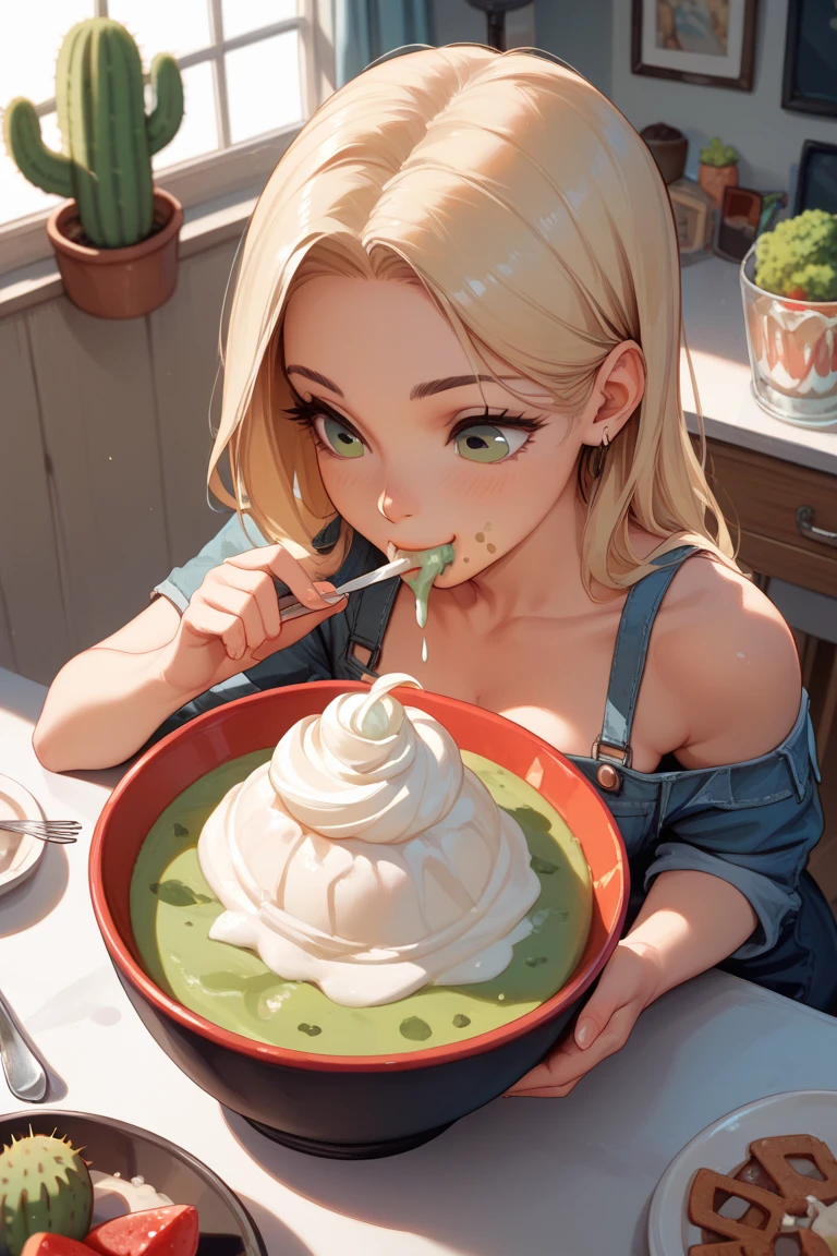 A cartoon-style cactus character eating a bowl of acai and a milkshake 