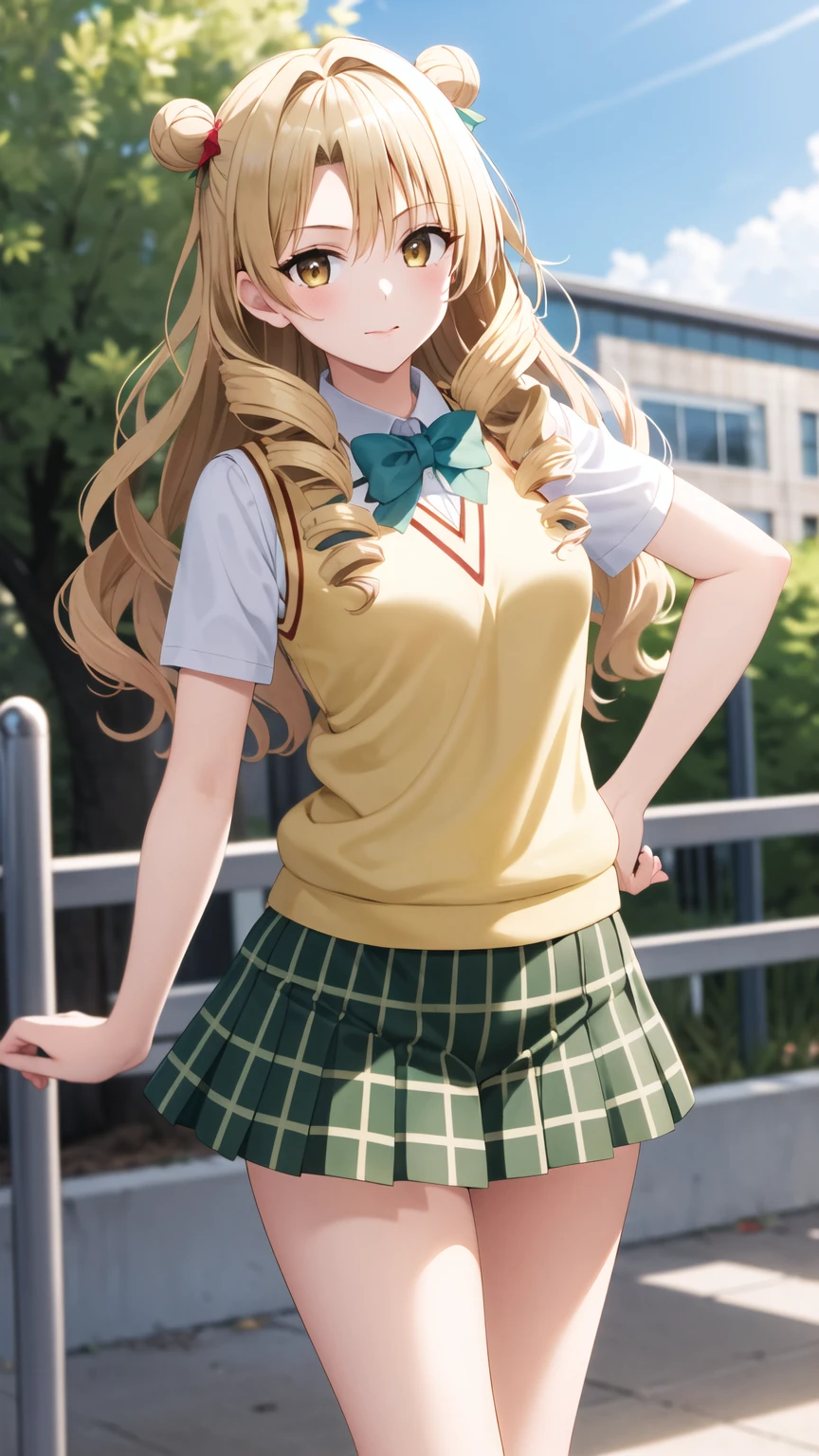 masterpiece, best quality, highres, 1girl, solo, long hair, blonde hair, double bun, drill hair, brown eyes, school uniform, green bowtie, white shirt, sweater vest, yellow vest, short sleeves, plaid skirt, green skirt, standing, cowboy shot, outdoors,