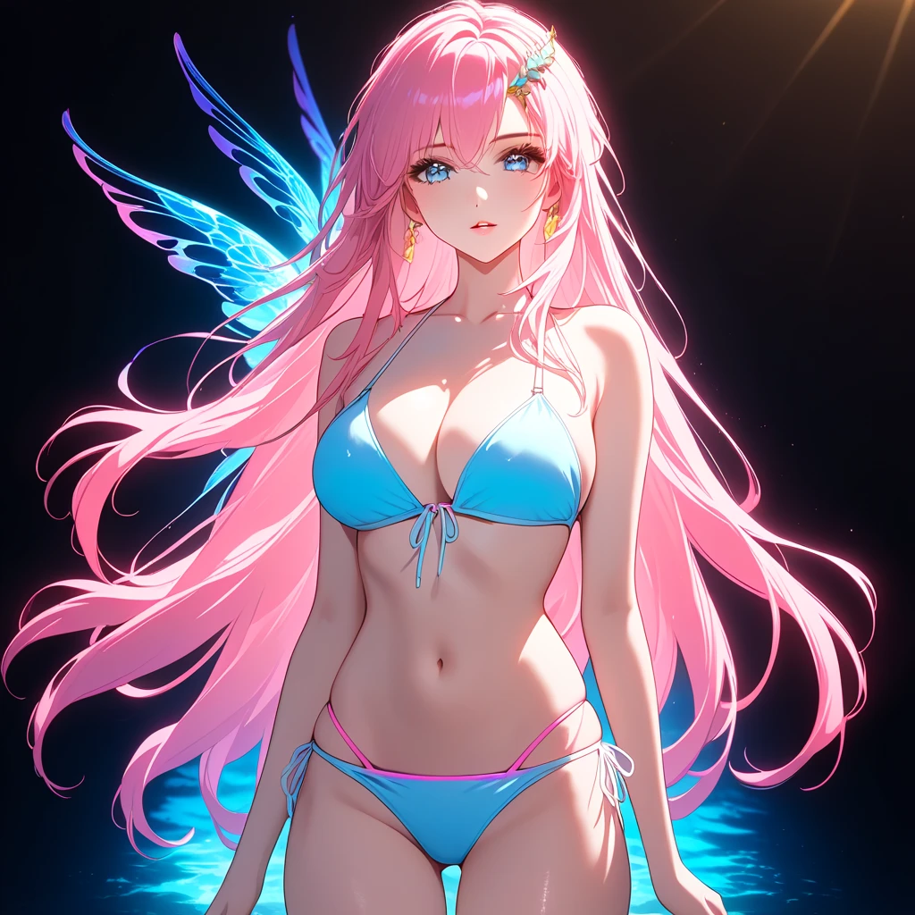 1girl, backlighting, blacklight, beautiful detailed eyes, beautiful detailed lips, beautiful detailed face, long eyelashes, glowing skin, ethereal, mystical, surreal, dramatic lighting, neon, ultraviolet, psychedelic, vibrant colors, high resolution, cinematic, atmospheric, pink hair, long hair,  (( wearing a light blue bikini)), huge breasts, holographic, chromati caberration, colorful gradient, full body view,