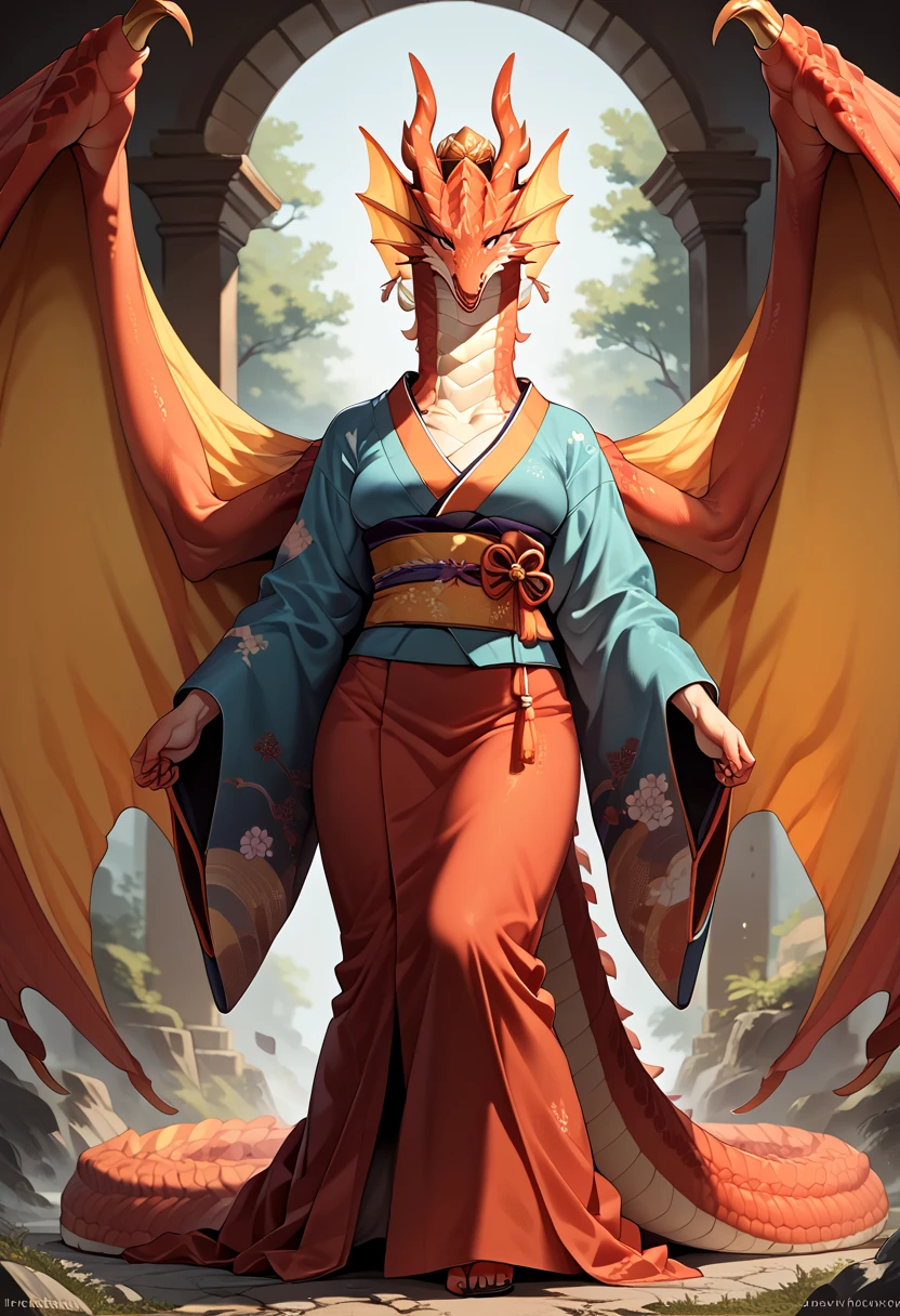 Full rein Dragon kind female huge wings and huge tail full body dragon. Kimono
