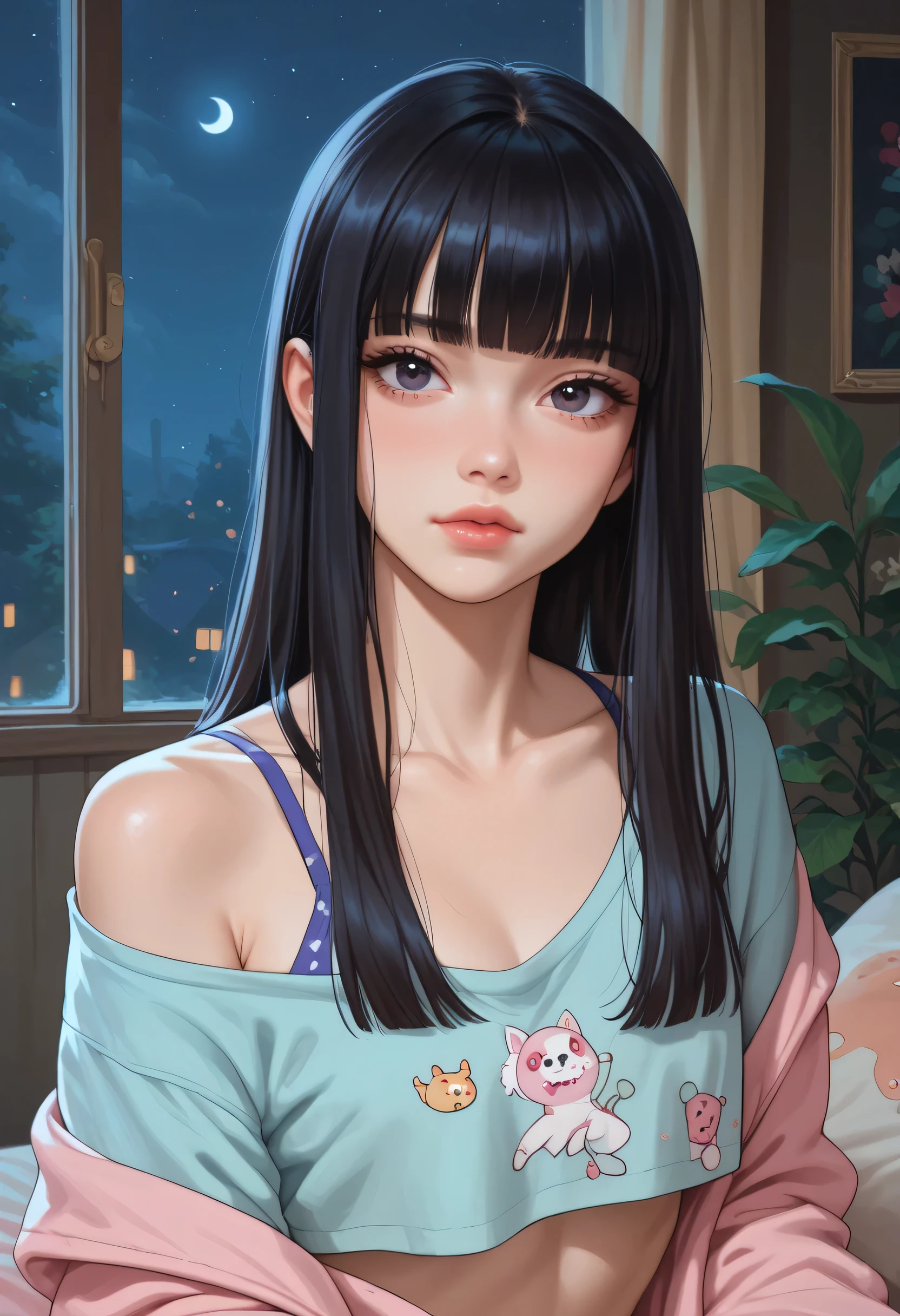 1girl, pastel colores pajama topped crop, DARK HAIR, hime cut, looking at viewer, livingroom back. (Slim Body), portrait. (NIGHT:1.4).