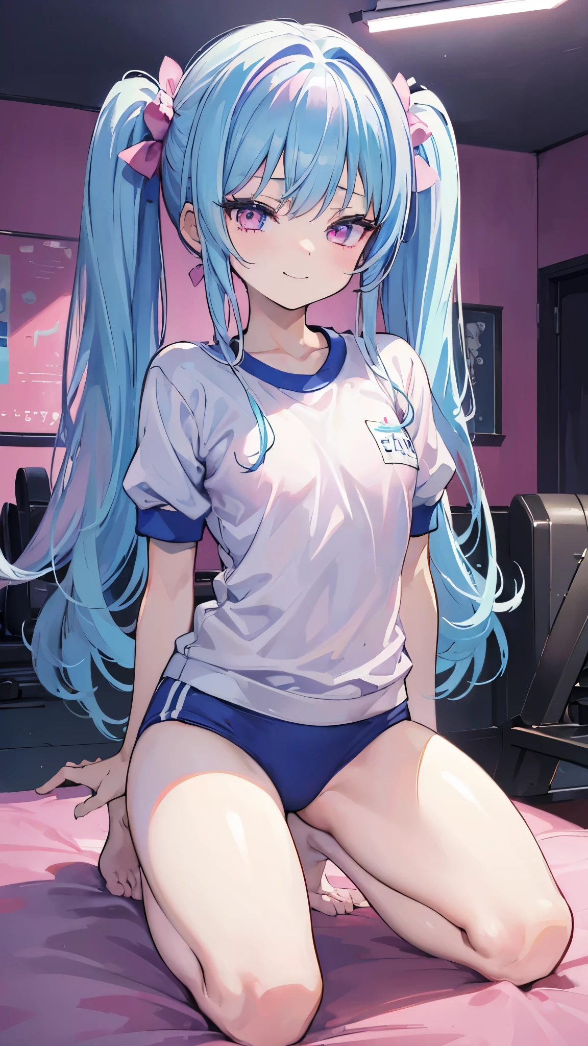 (Masterpiece) (High Detail) (High Res) A close up of a short humanoid girl with pale human skin and blue eyes and long blue hair and blue dog ears and a fluffy blue dog tail and average breasts. She is sat in a locker room wearing a oversized baggy cropped soccer jersey cropped t-shirt and a denim short-shorts. She has her hands behind her back out of shot. She has blushing cheeks and looks focussed.