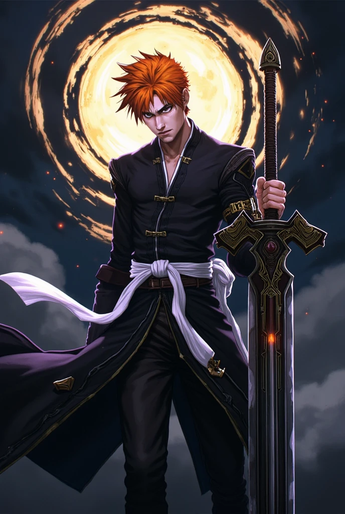 ((masterpiece)) ((hyper-realistic)) ((vibrant colors)) Create a dynamic and intense illustration of Ichigo Kurosaki from *Bleach*, showcasing him in his iconic Soul Reaper form, whearing his black kimono. He stands with a fierce, determined expression, holding his oversized zanpakuto, Zangetsu, in one hand, the blade glowing with spiritual energy. His bright orange hair stands out, slightly tousled, reflecting his rebellious and confident nature. His Soul Reaper uniform is crisp and well-fitted, with the iconic white sash flowing around his waist. The background is a mix of dark, swirling spiritual energy and a glowing, ethereal moon, adding a mysterious and powerful atmosphere. The colors should be vivid and contrast the sharpness of Ichigo’s features, emphasizing his strength and inner turmoil. Include intricate details on his zanpakuto, the guard of the sword glowing faintly with energy.