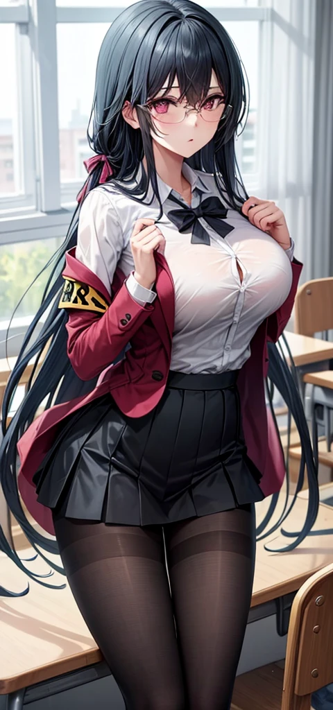 Masterpiece, best quality, 1girl,huge breasts, pantyhose, very long hair,open jacket,white shirt, closed shirt,skirt, standing, sadistic expression, pink eyes, classroom, window, modelling,