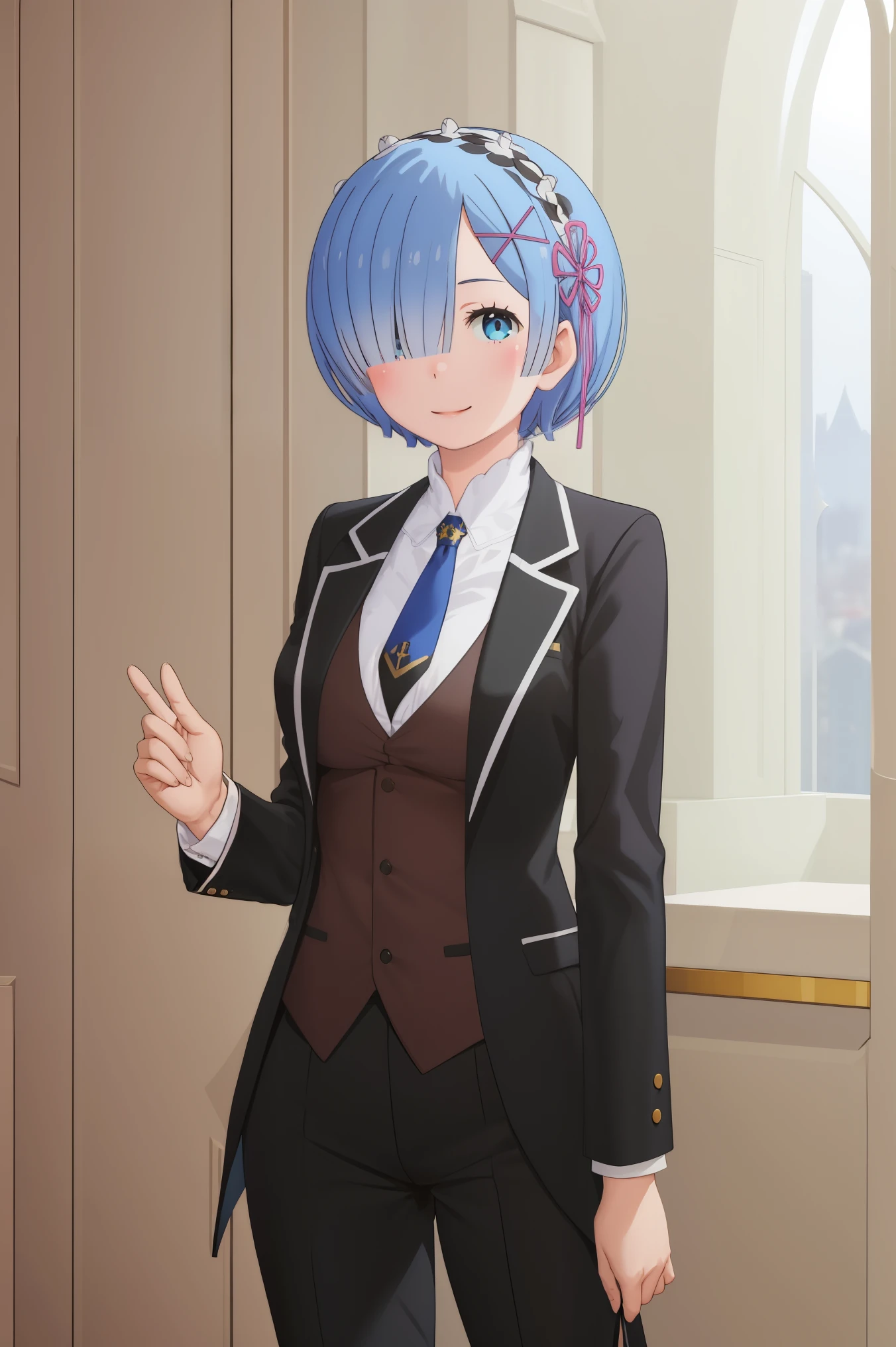 best quality, masterpiece, phRem, 1girl, solo, woman in formal attractive suit tuxedo standing in a large alcove in the room, 1girl, solo, necktie, blue short hair, blue eyes, short hair, smile, jacket, looking at viewer, shirt, pants, blue necktie, collared shirt, butler tailored tailcoat