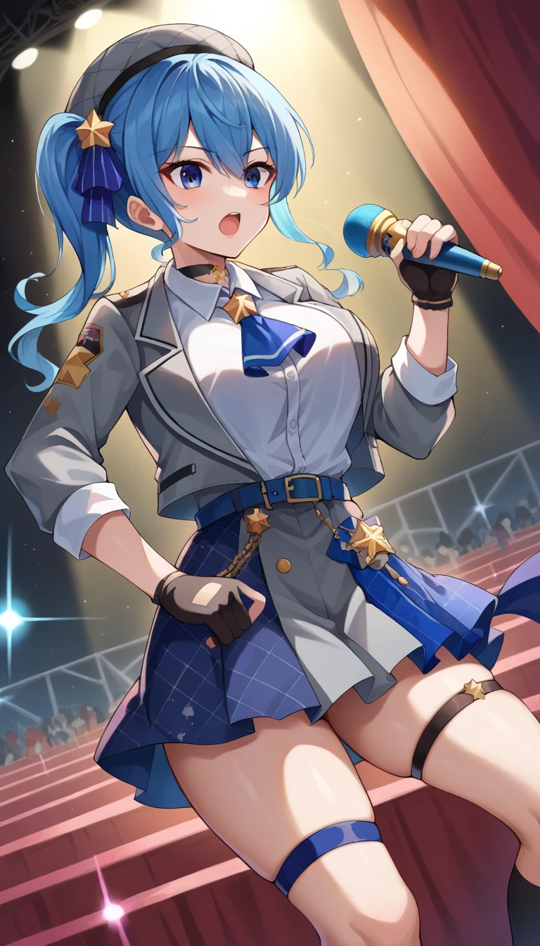 score_9, score_8_up, score_7_up,  source_Anime,
Comet Star Street ,  Hoshimachi Suisei,  blue eyes,  blue hair,  choker ,  hair,  medium hair,  side ponytail , star  choker ,
 ascot ,  asymmetrical legwear, belt, beret, black  gloves, blue  ascot , blue belt, blue bow, blue  choker , bow, button,  choker , collared  shirt,  crown,  gloves,  Grey Headwear , grey  jacket, grey  skirt,  has ,  jacket, gem,  knee-high,  Long Sleeve , mini skirt,  different color legwear , partially fingerless  gloves, during, Check pattern, Check pattern  jacket, Check pattern  skirt,  shirt, シングル knee-high, シングルsocks,  skirt,  skirt set, socks, star  choker , Star print,  thigh strap ,  uneven legwear , white  shirt,
indoor,  stage,  stage lighting,  microphone , Singing , holding  microphone ,  open mouth,
 watching viewers,  Dutch Angle ,  Cowboy Shot ,Big Breasts, punch