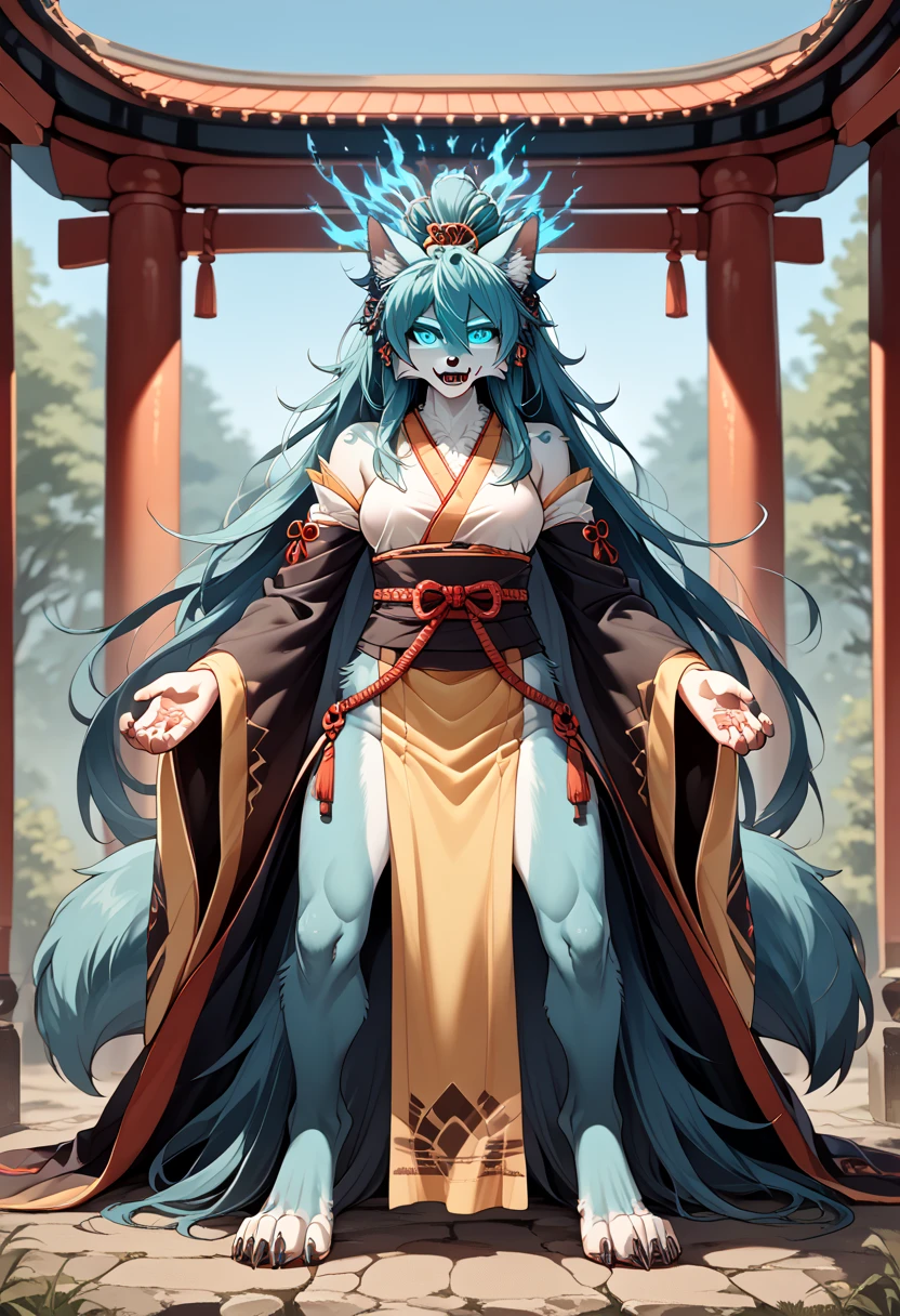 Miku Hatsune x vixen high definition good anatomy add_detail:1, blue fur,kitsune ears, tribal tattoo add_detail:1, cute girl add_detail:1, feudal priestess clothing add_detail:1, japanese shrine landscape add_detail:1, japanese shrine costume add_detail:1, add_detail:1, fullbody descalza add_detail, highly detailed face, deep aqua iris add_detail:1 lighting eyes add_detail:3, wolf claws, sharp fangs add_detail:1, wild slut add_detail:1, aura of resplendent light add_detail:3, sakuras landscape add_detail:1
