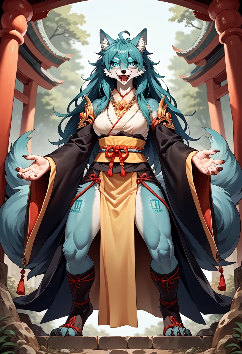 Miku Hatsune x vixen high definition good anatomy add_detail:1, blue fur,kitsune ears, tribal tattoo add_detail:1, cute girl add_detail:1, feudal priestess clothing add_detail:1, japanese shrine landscape add_detail:1, japanese shrine costume add_detail:1, add_detail:1, fullbody descalza add_detail, highly detailed face, deep aqua iris add_detail:1 lighting eyes add_detail:3, wolf claws, sharp fangs add_detail:1, wild slut add_detail:1, aura of resplendent light add_detail:3, sakuras landscape add_detail:1
