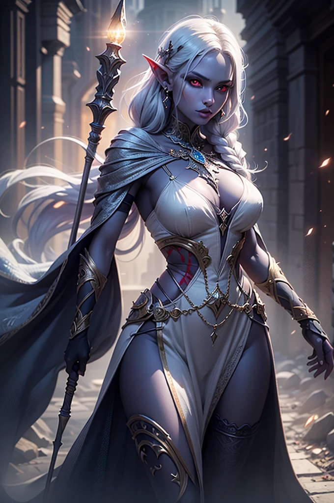 1girl, sexy drow, morena skin, pale silver long elaborate braids, ((red eyes)), jewels, elf ears, earrings, ((white sorceress sexy dress)), ((wields staff)), ((cast light magic)), on a roof of scyscraper, athletic, volumetric lighting, best quality, masterpiece, realistic, anatomically correct, (strong cinematic lighting), stunning details, intricate details, 8k post-production, High resolution, super details, trending on ArtStation, sharp focus, depth of field f/1.8, studio photos, (((looking at camera)))