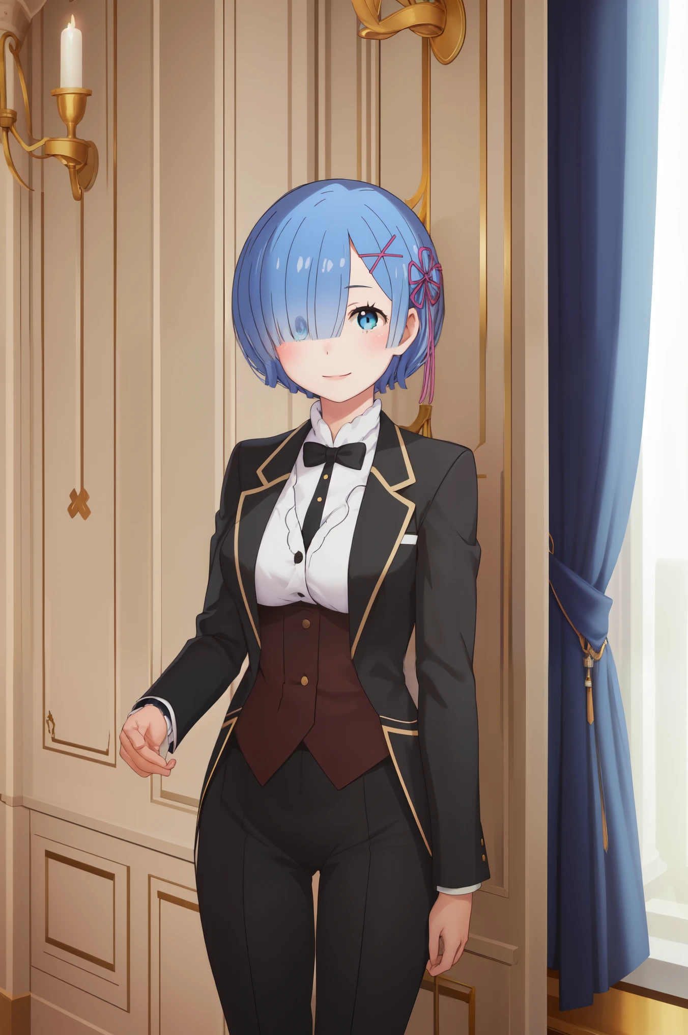 best quality, masterpiece, phRem, 1girl, solo, woman in formal attractive suit tuxedo standing in a large alcove in the room, 1girl, solo, necktie, blue short hair, blue eyes, short hair, smile, jacket, looking at viewer, shirt, pants, blue necktie, collared shirt, butler tailored tailcoat