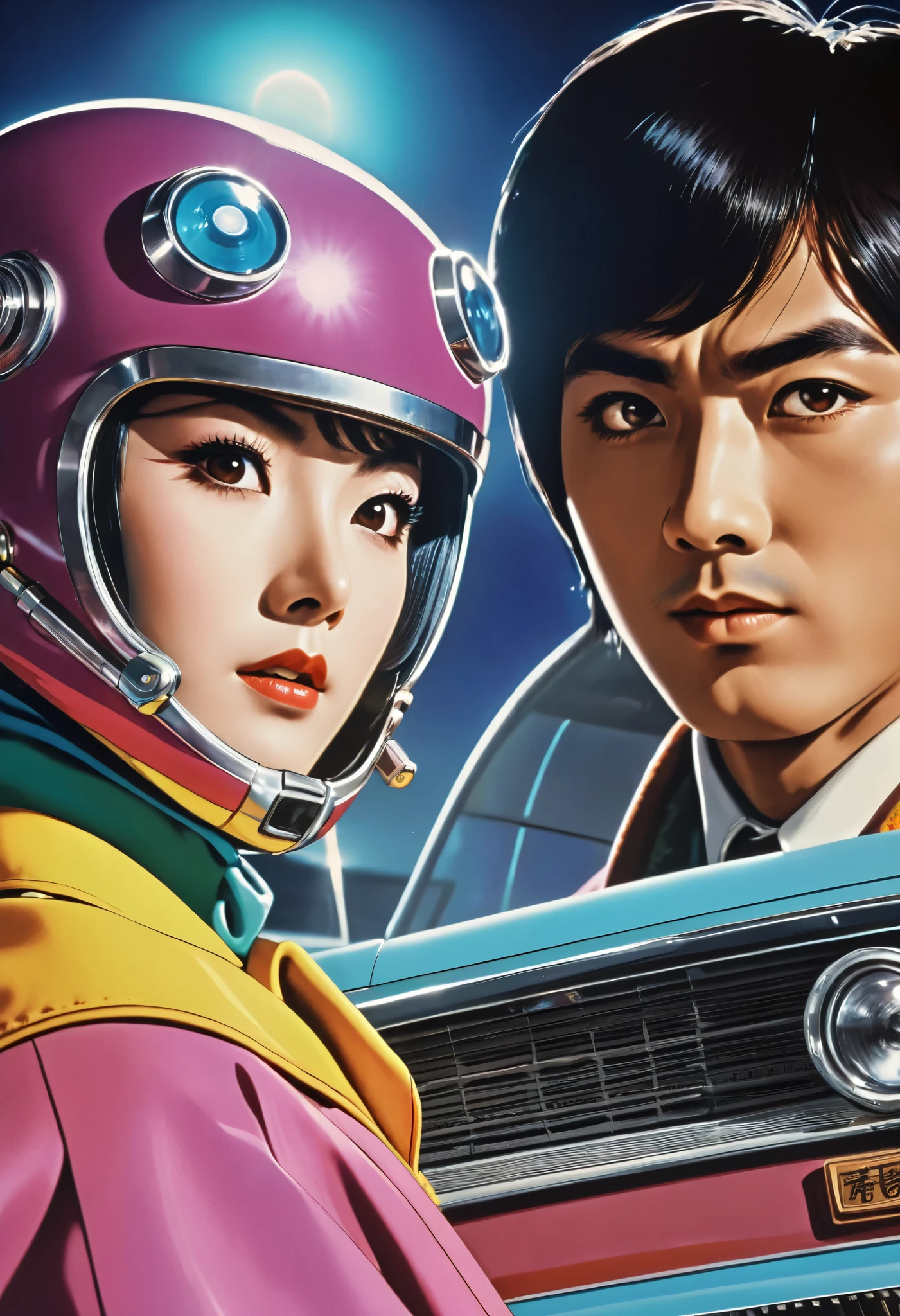  Manga characters,    1970's comic art   ,    1970's Japanese TV    show monster, detailed    Digital Paint,    bright color,    dynamic composition   , Dramatic lighting,    vintage aesthetics      , ( top quality,4K,8k,     high definition   ,masterpiece:1.2),  {{more}} ,(   realistic   ,photo   realistic   ,photo-   realistic   :1.37),   Extremely Detailed Eyes and Faces  ,   has long eyelashes,  Beautifully Drawn   ,   dynamic composition   ,Dramatic lighting,   bright color,   retro anime style poster 、  retro futuristic   ,1960s anime   ,   1970's Japanese TV   ,  Tosbraya Productions ,   masked rider style  ,  SFX Transformation Hero  , Manga art,   Digital Paint