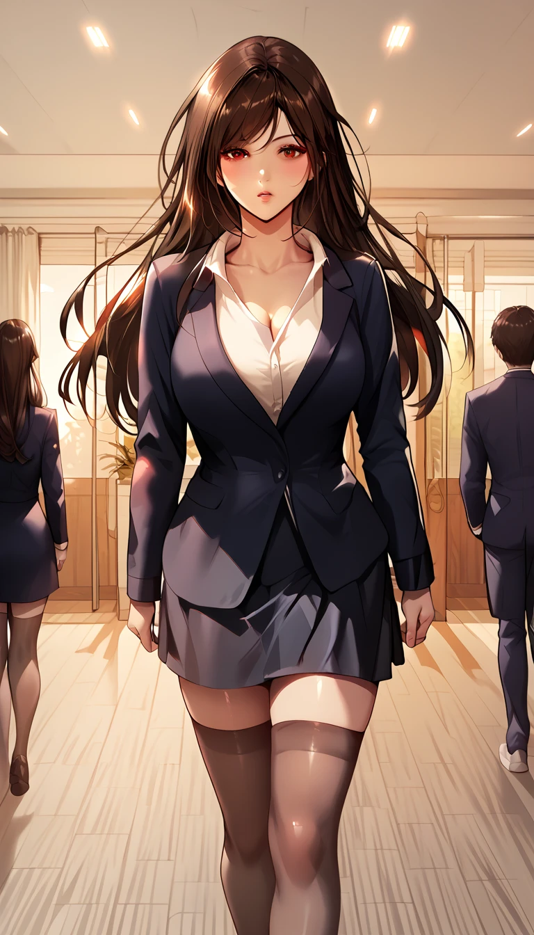 Hot  beautiful Hari mom, brown hair,red eyes, detailed, walking,big rounded breasts, stockings,skirt,shirt,blazer,coat, office room, bouncing ass, bouncing body, Cleavage ,long hair 