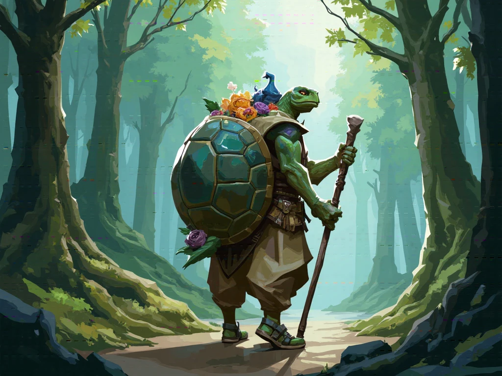   valiant style  ,  stylized digital illustration ,  An anthropomorph turtle with a large decorated shell,  walk through the dense misty forest to the viewer ,  turtle dressed in a long fluttering robe ,  decorated with intricate patterns ,  and holds a wooden staff ,  shell filled with various objects ,  including flowers and bags ,  a wandering sage ,  Tall trees in the background ,  moss-covered stones , soft ethereal light ,  penetrating through the forest canopy ,  magical and serene atmosphere ,