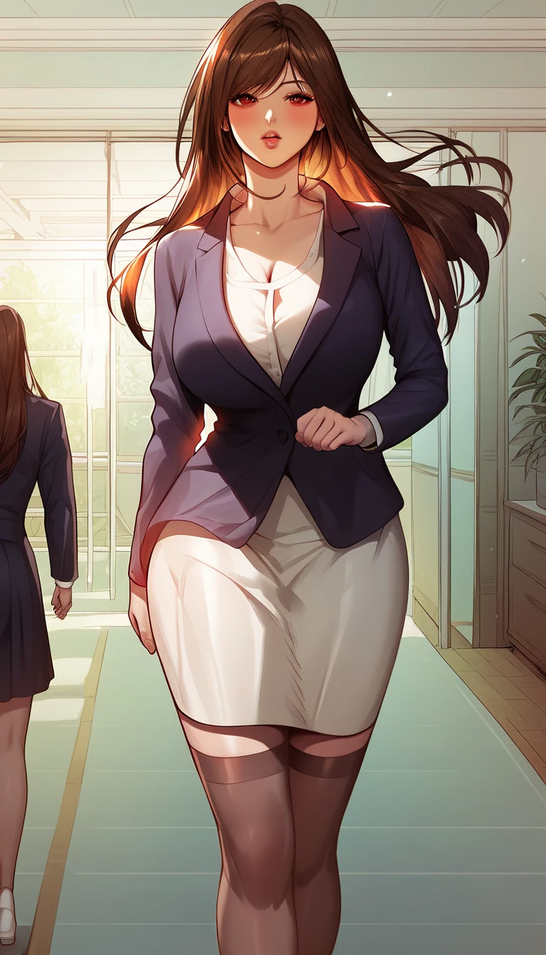 Hot  beautiful Hari mom, brown hair,red eyes, detailed, walking,big rounded breasts, stockings,skirt,shirt,blazer,coat, office room, bouncing ass, bouncing body, Cleavage ,long hair , detailed art style,