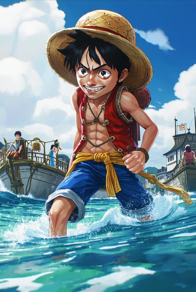 ((masterpiece)) ((hyper-realistic)) ((vibrant colors)) Create an energetic and adventurous illustration of Monkey D. Luffy from *One Piece*. Luffy is in his signature straw hat, with a bright, mischievous grin on his face, showing his youthful and carefree nature. His spiky black hair and iconic scar under his left eye are visible. He is wearing his classic red vest, blue shorts, and sandals, with his straw hat tilted slightly back.  The background should be a vibrant seascape, with the sun shining brightly, waves crashing,