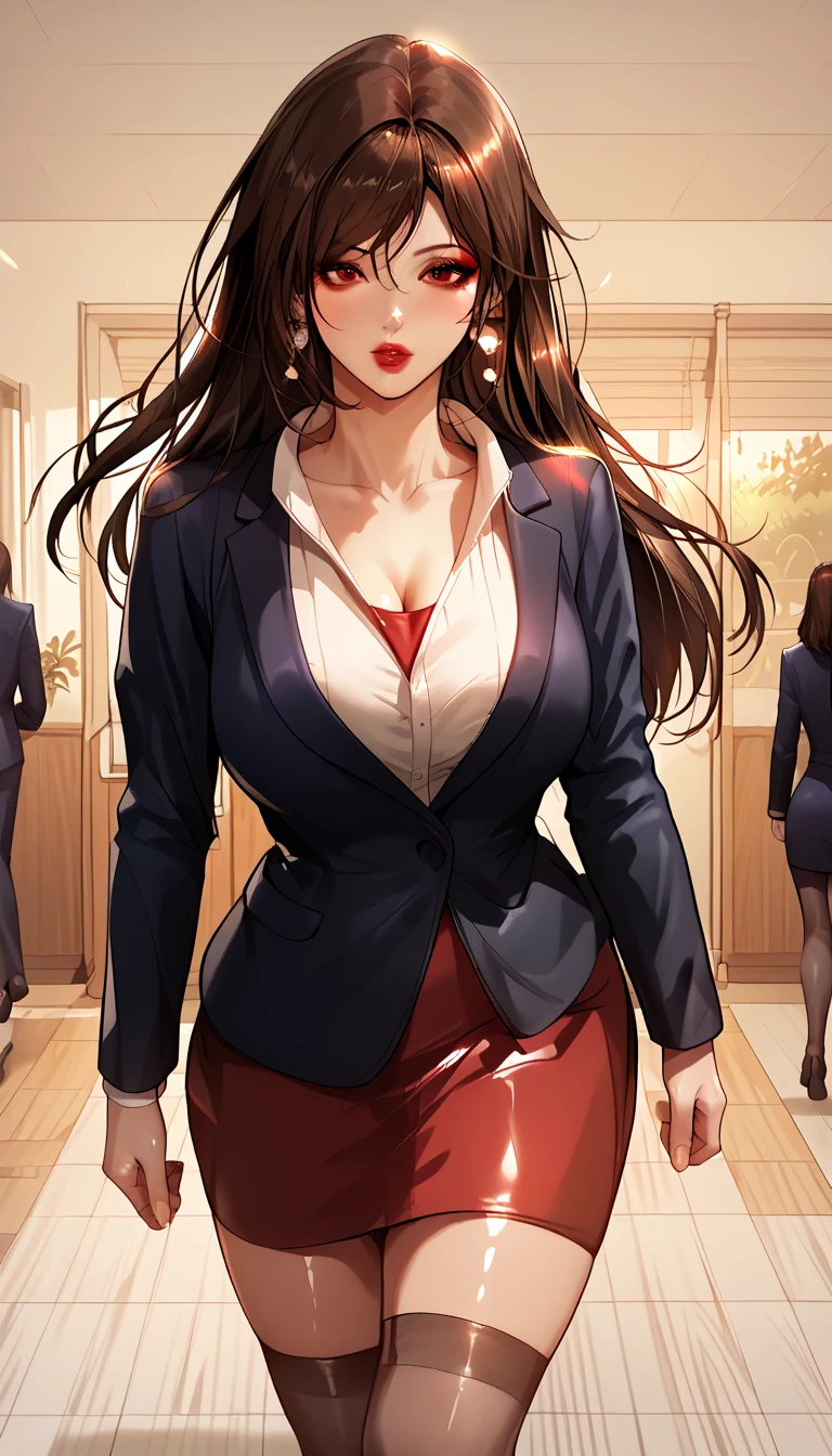 Hot  beautiful Hari mom, brown hair,red eyes, detailed, walking,big rounded breasts, stockings,skirt,shirt,blazer,coat, office room, bouncing ass, bouncing body, Cleavage ,long hair ,red lipstick, makeup,long shiny pearl Earrings,