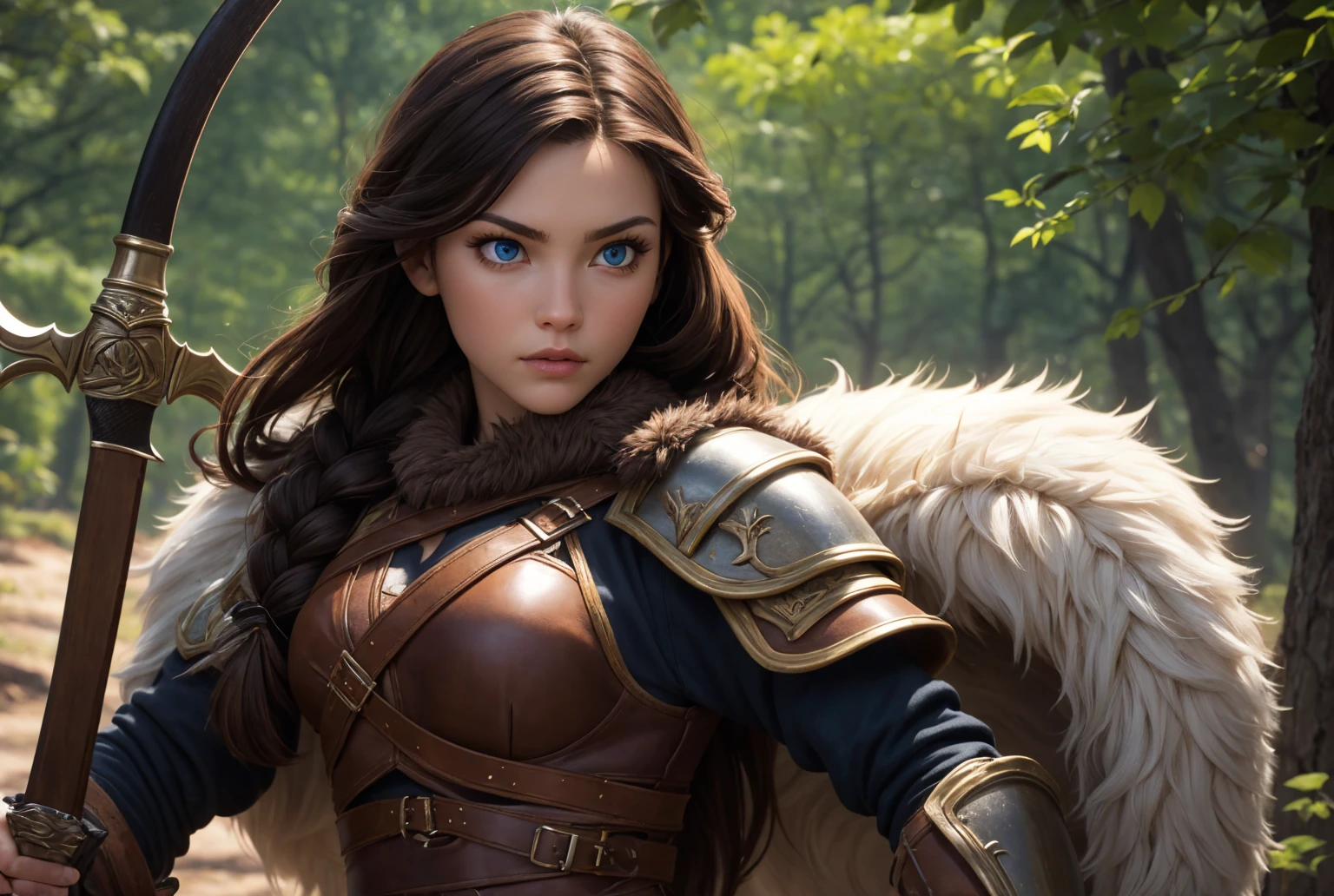 Attractive female warrior, forest,  blue eyes, brown hair,  Super Detailed,  Long Hair, brown leather armour, fur clothing, holding a broadsword, braids, 