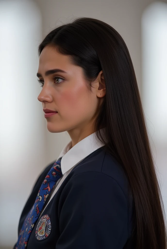 side view, a very lovely girl with long black hair, at age 15, she wears a dark blue tidy school uniform and white shirt with a vivid vow tie.,  no make up, the whiteness of her skin is accentuated., It highlights Jennifer Connelly's unique beautiful facial features., She in a bright room., bright natural light is illuminating on her face., high definition ,  Ultra Fine,  Textured Skin , masterpiece, 