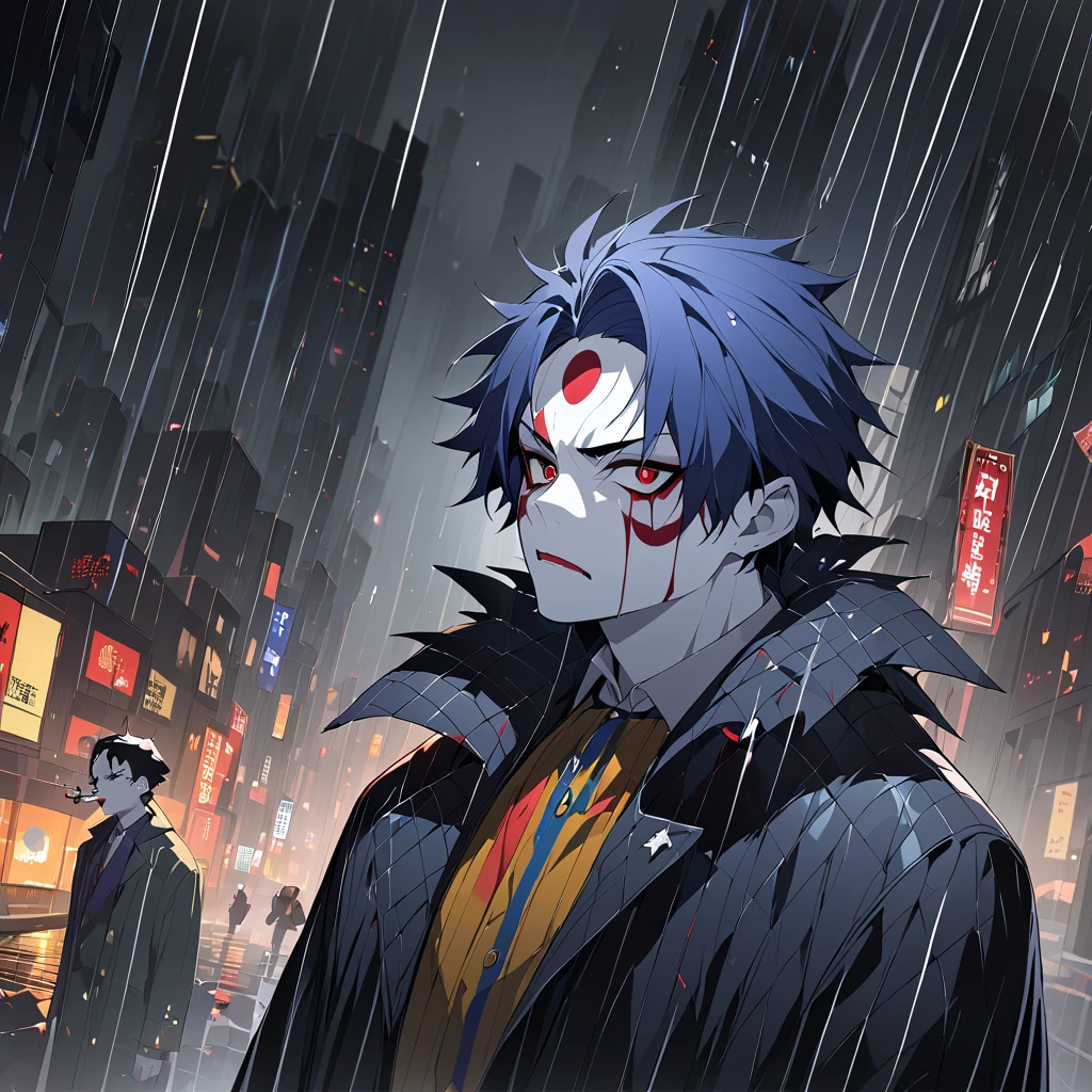 One man's clown 、 young man with sharp face、Crazy、Figure smoking 、 The background is New York on a rainy night 、 slightly lonely atmosphere 、 The clown's hair color is black and wolf-cut hair、 staring into the distance 