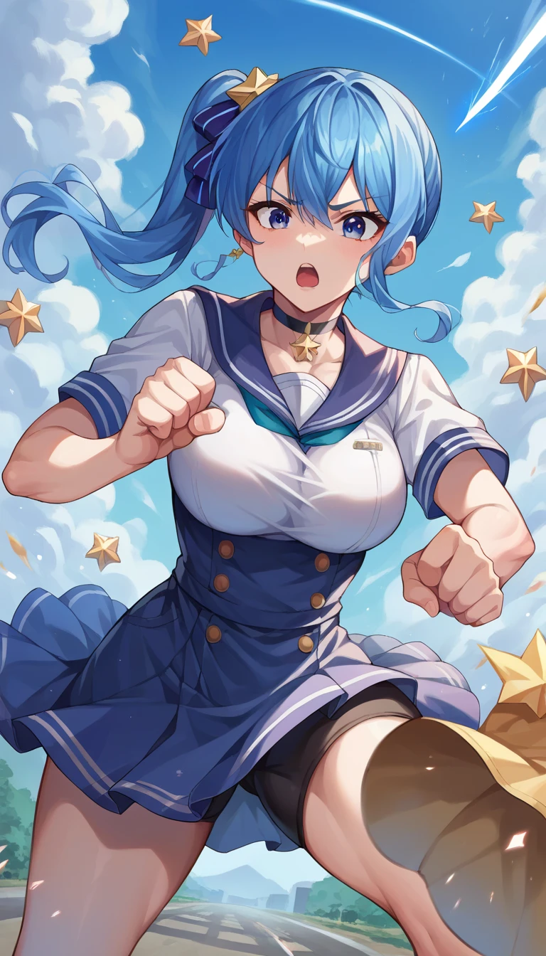 score_9, score_8_up, score_7_up,  source_Anime,
Comet Star Street ,  Hoshimachi Suisei,  blue eyes,  blue hair,  choker ,  hair,  side ponytail ,Big Breasts, punch,milking