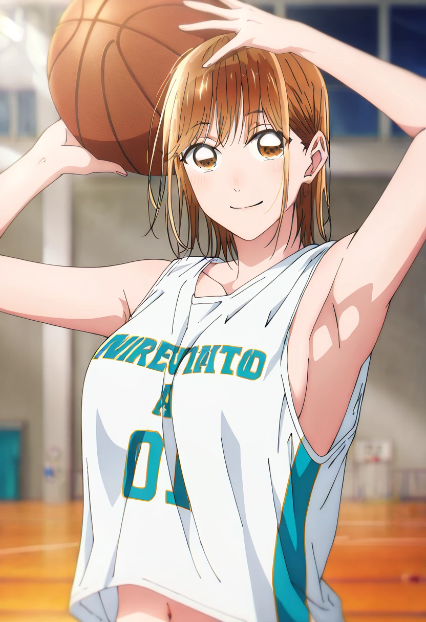   1 girl, Alone, Chinatsu,   Blurry Background,   brown eyes、  basketball uniforms in a bright gymnasium、   tank top、Bibs、 black inner 、Naked 、 medium boobs、   large areolas supporting breasts 、 両Armpit、 small 、belly button、Gym、smile、looking at viewer, masterpiece,  top quality,   High Quality ,     very aesthetic  ,   absurd、(  Hands up、Armpit、Armpit汗、Put the basketball on your head)、  sweated、Basketball Ring  