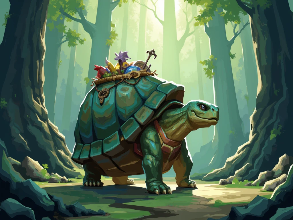   valiant style  ,  stylized digital illustration ,  An anthropomorph turtle with a large decorated shell,   shell filled with various objects , back bag,  Tall trees in the background ,  moss-covered stones , soft ethereal light ,  penetrating through the forest canopy ,  magical and serene atmosphere ,