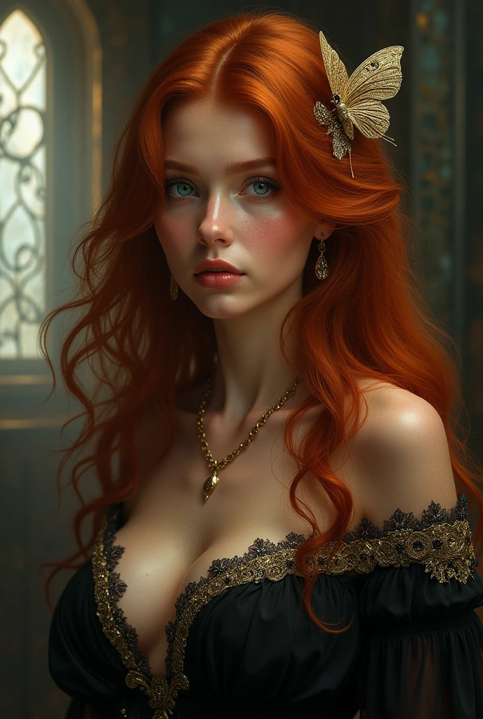 1girl, 16 years old, slim, big, nackt  rotes langes Haar, masterpiece, ccurate, anatomically correct, super detail, textured skin, best quality, highres, 4K