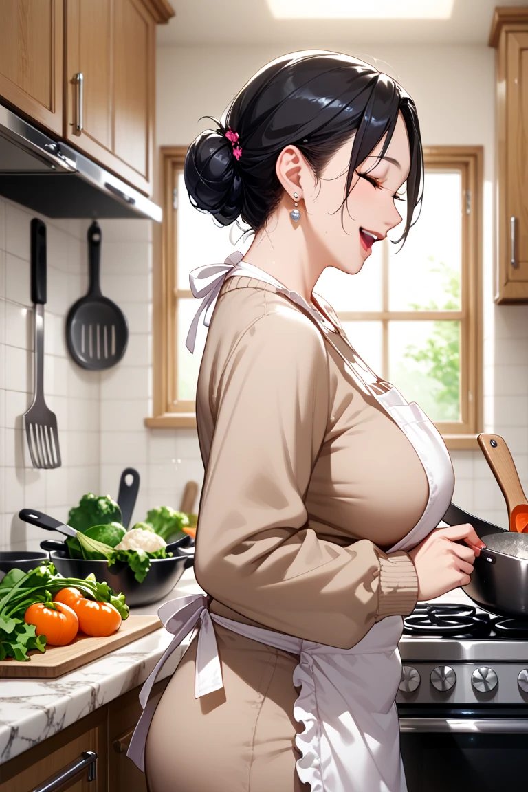 score_9,score_8_up,score_7_up, (game cg:1.2), sharp focus, proper alignment, rating_explicit,32k, 
BREAK
1woman, (milf:1.3),slightly chubby female, happy, large breasts, black hair, single hair bun BREAK brown cardigan, apron,  (in kitchen:1.3), upper body, from side, (cooking,Chopping vegetables:1.2)