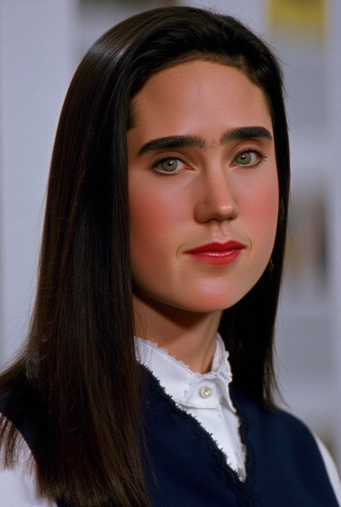 side view, a very lovely girl with long black hair, at age 15, she wears a dark blue tidy school uniform and white shirt with a vivid vow tie.,  no make up, the whiteness of her skin is accentuated., It highlights Jennifer Connelly's unique beautiful facial features., She in a bright room., bright natural light is illuminating on her face., high definition ,  Ultra Fine,  Textured Skin , masterpiece, 